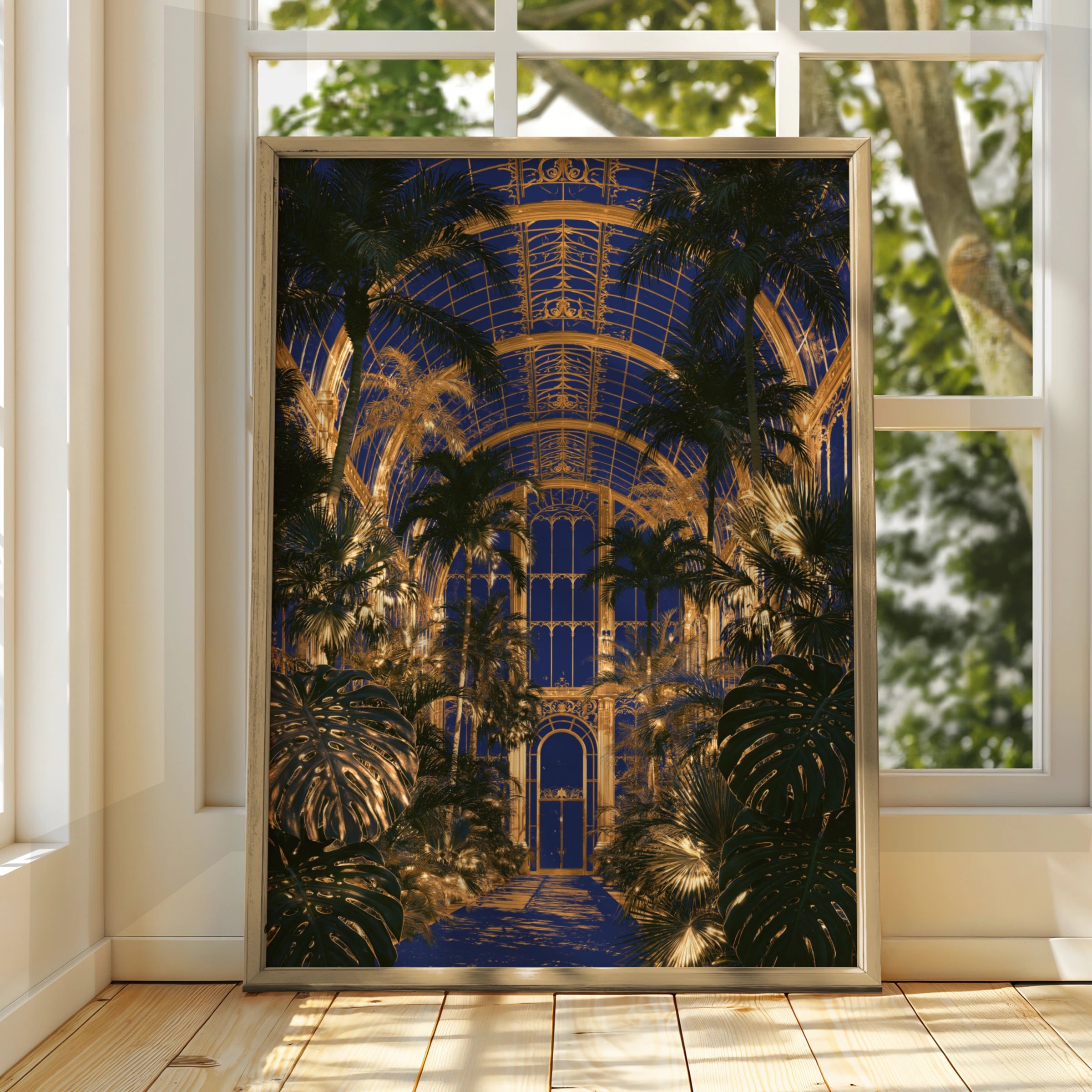 Glass House Botanical Interior Poster, Blue Gold Glasshouse Art Print