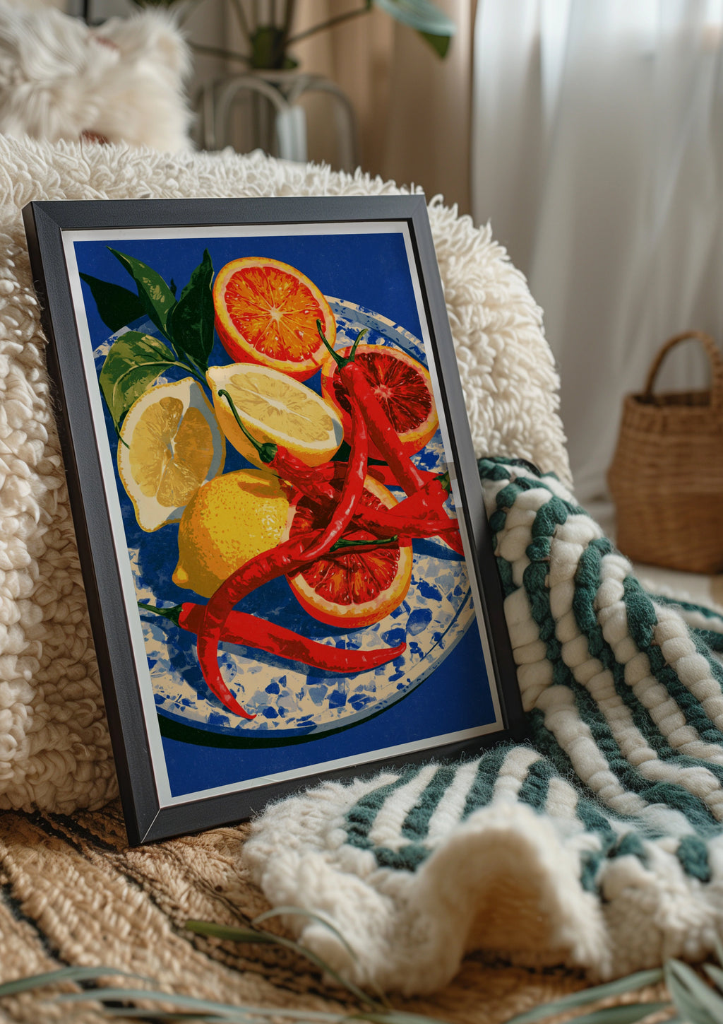 Chillies Lemon Blood Orange Still Life Poster, Bold Cobalt Blue Kitchen Art