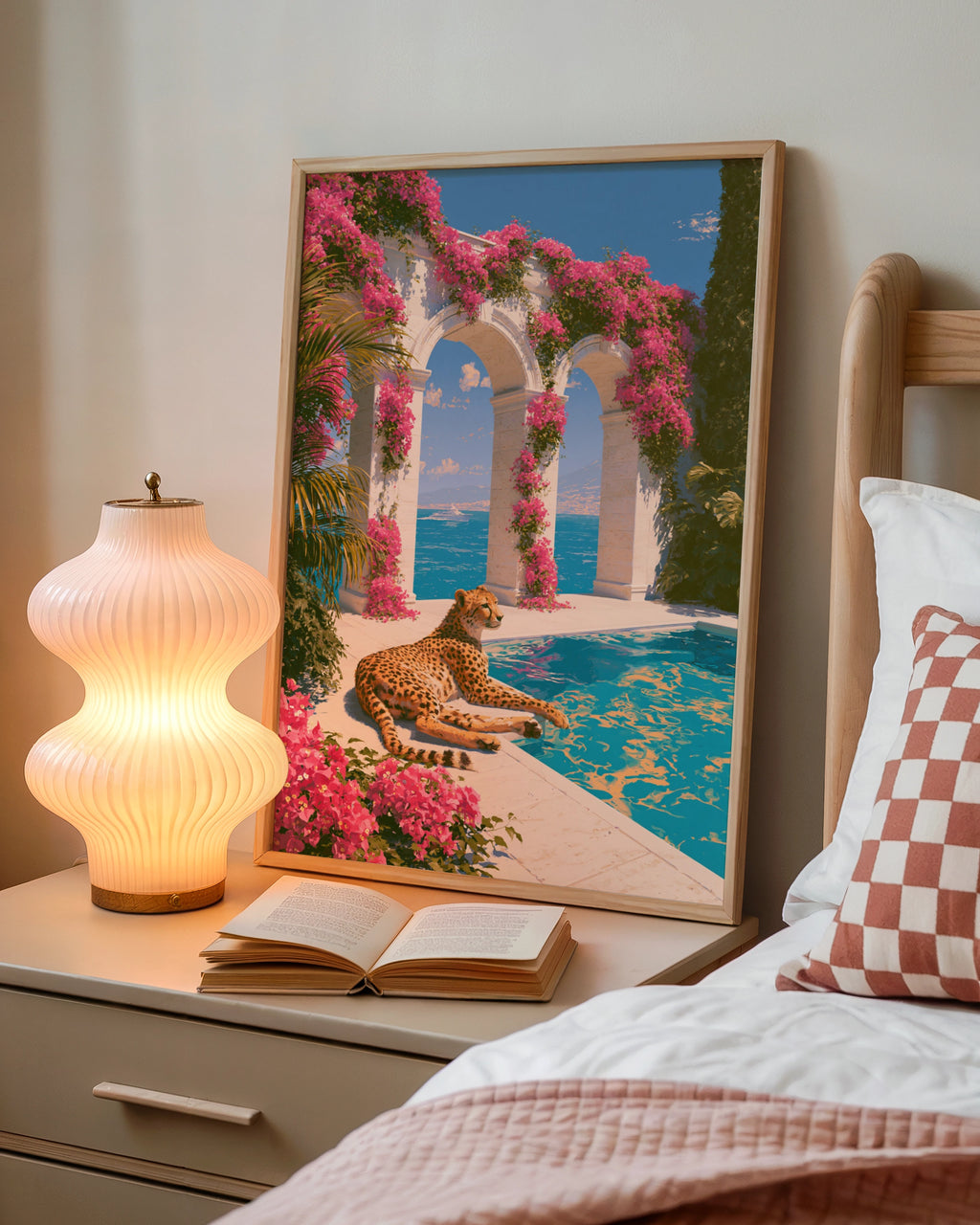 Cheetah Poolside Bougainvillea Arches Poster, Mediterranean Wall Art Print