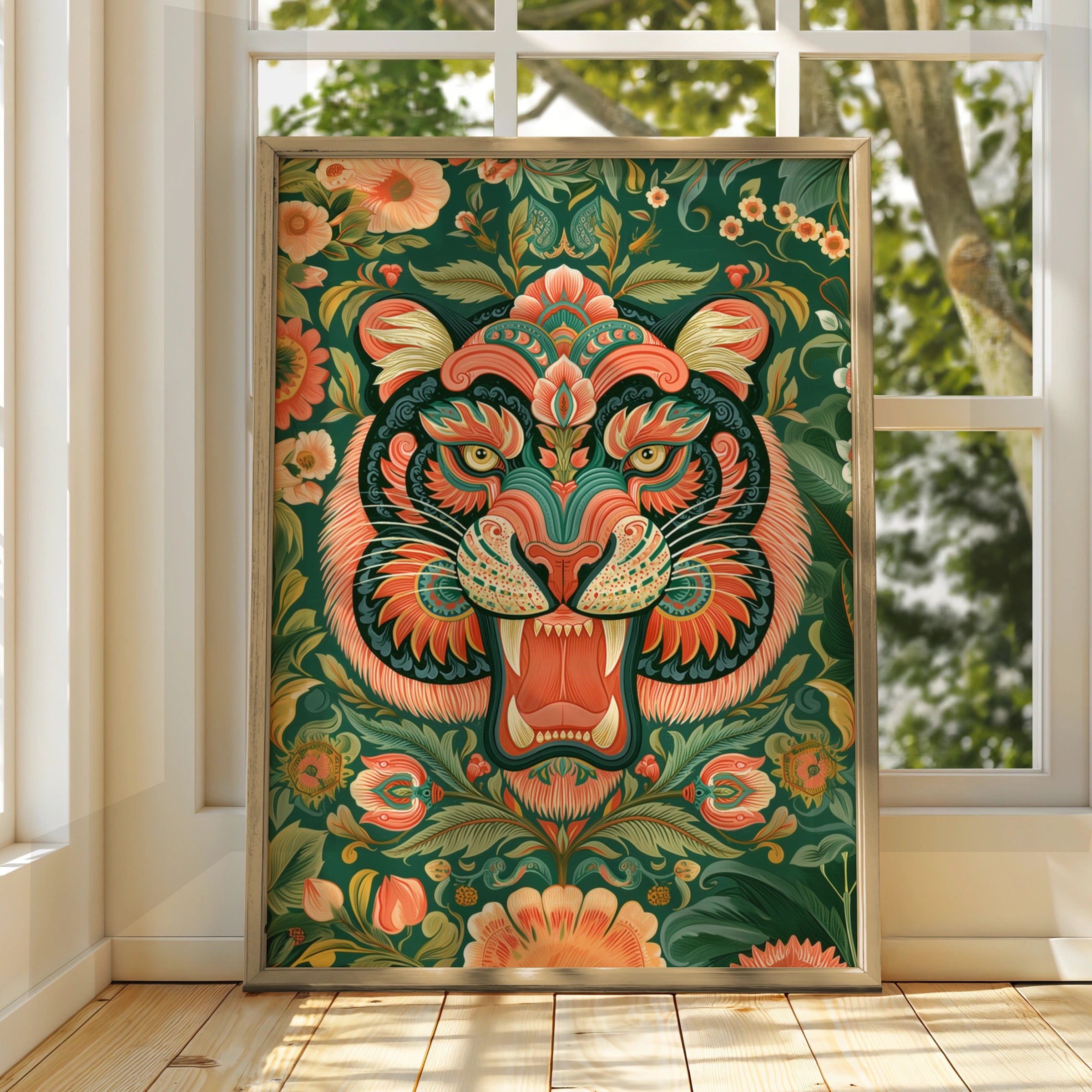 Tiger Asian Floral Pattern Poster, Ornate Folk Art Print, Botanical Wall Art