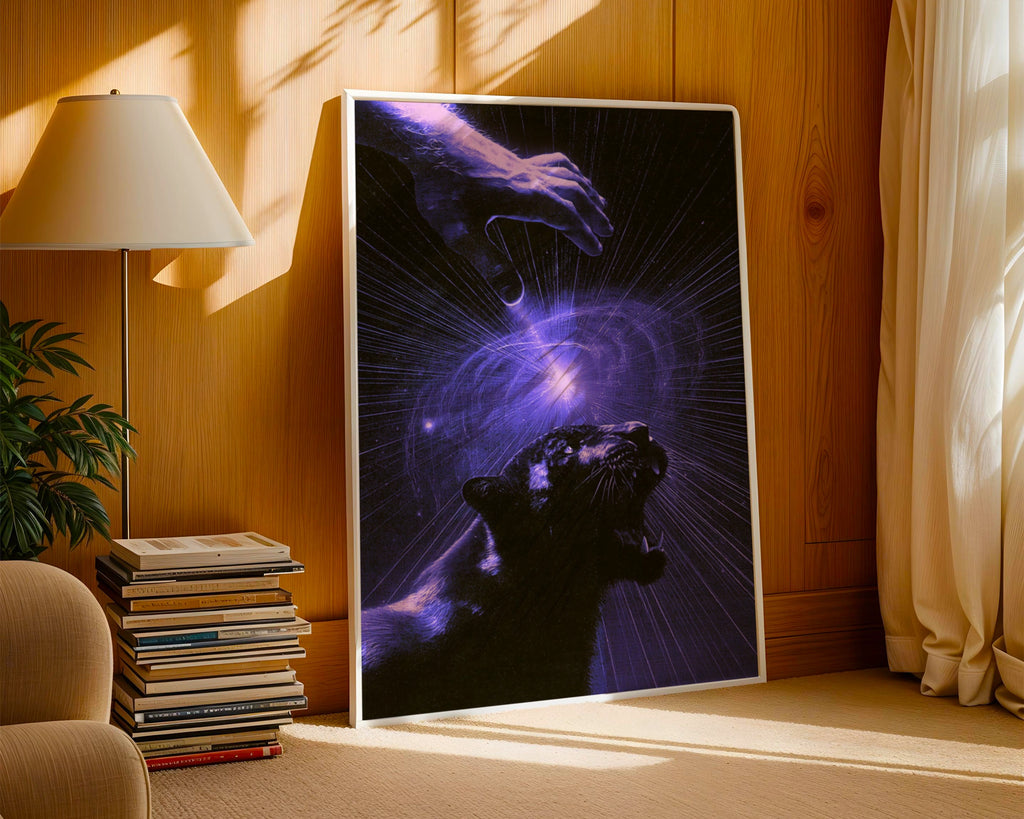 Black Panther Hypnosis Mystical Poster, Purple Energy Art Print, Dark Surreal