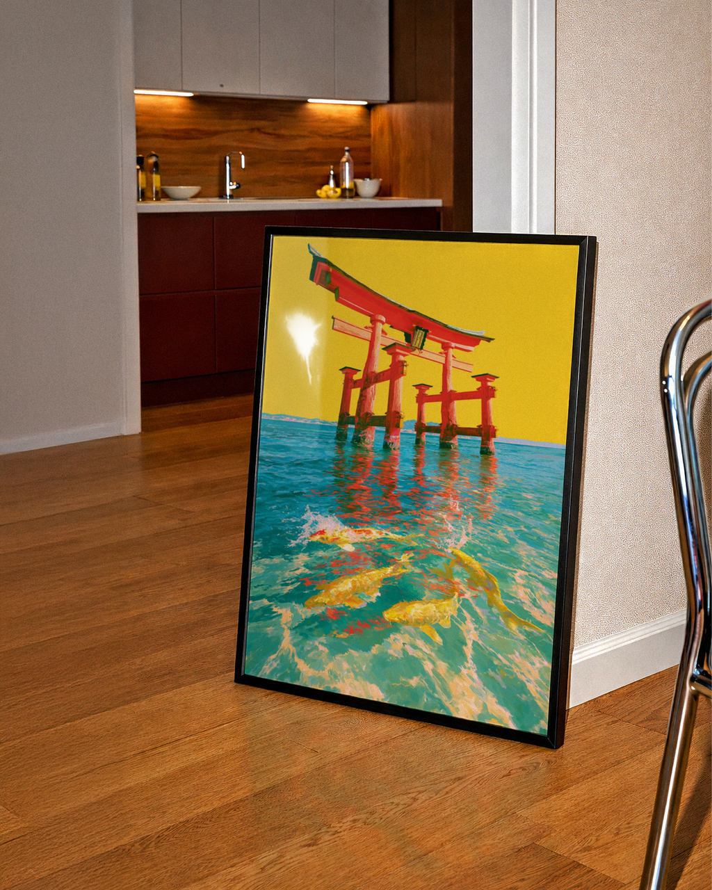 Japanese Torii Gate Koi Fish Poster, Red Gate Yellow Water Art Print