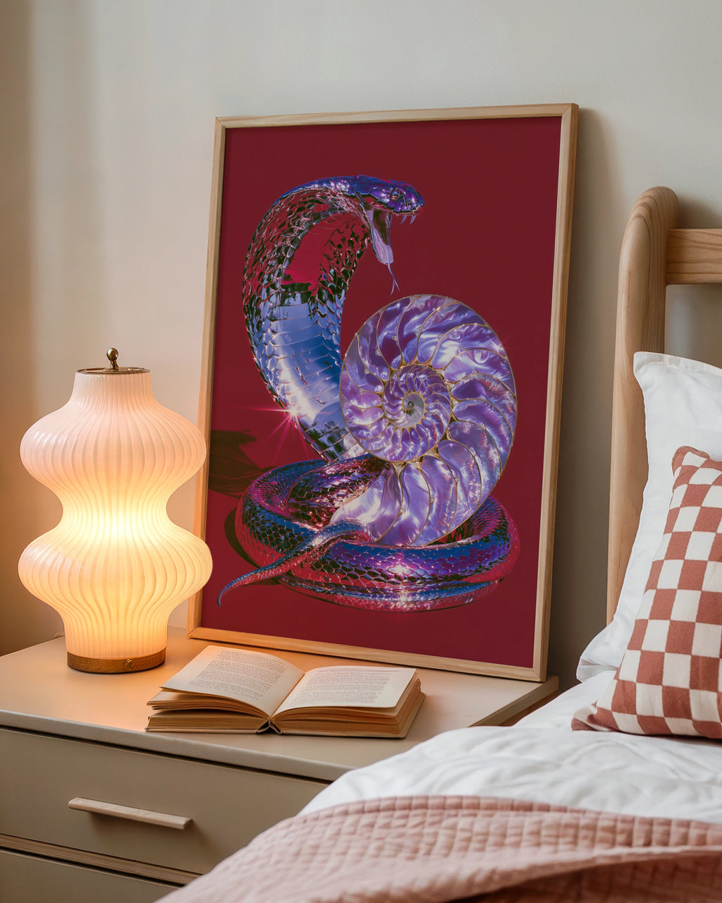 Chrome Cobra Nautilus Shell Poster, Red Purple Snake Wall Art Print