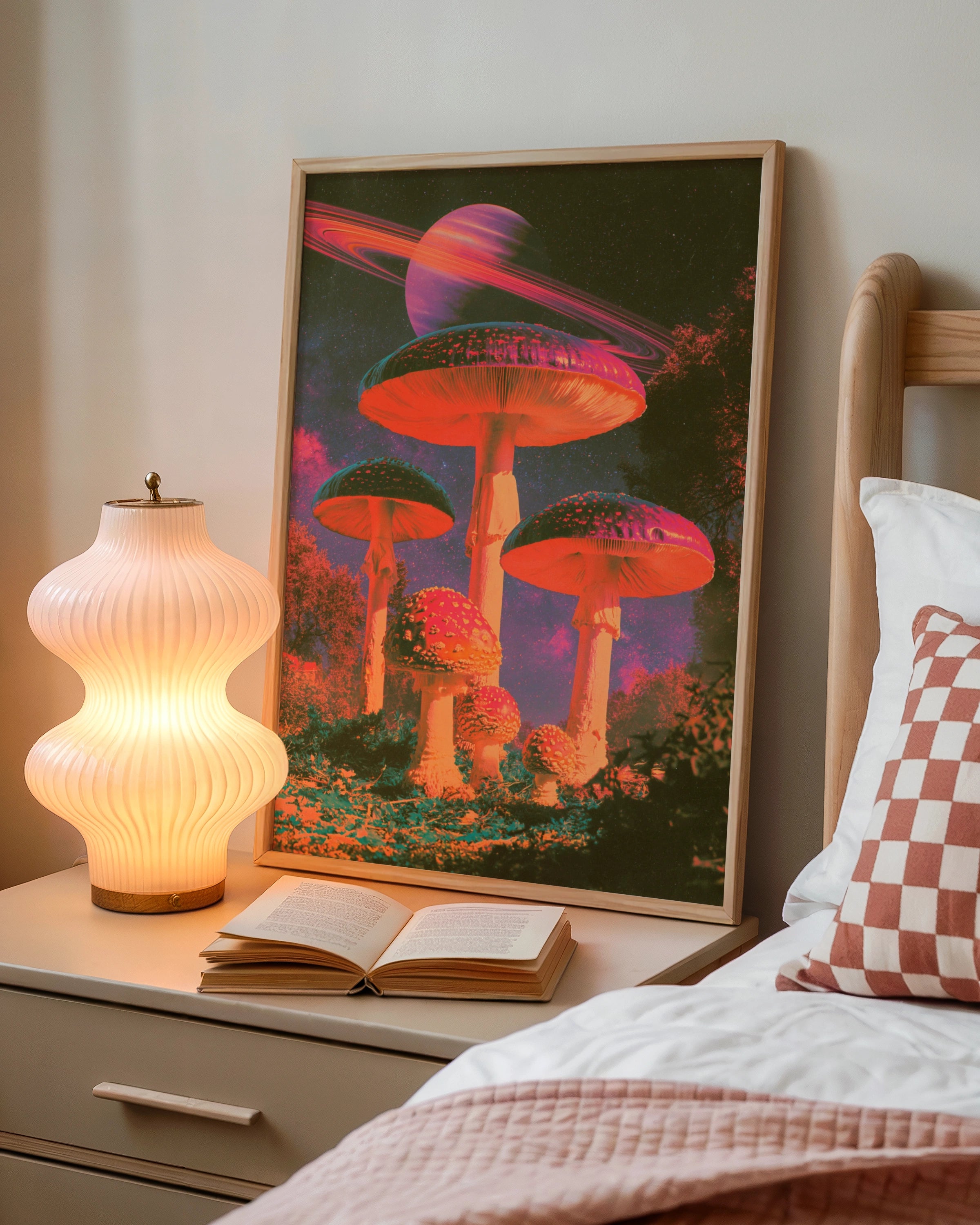 Surreal Mushroom Saturn Space Poster, Psychedelic Fungi Wall Art Print