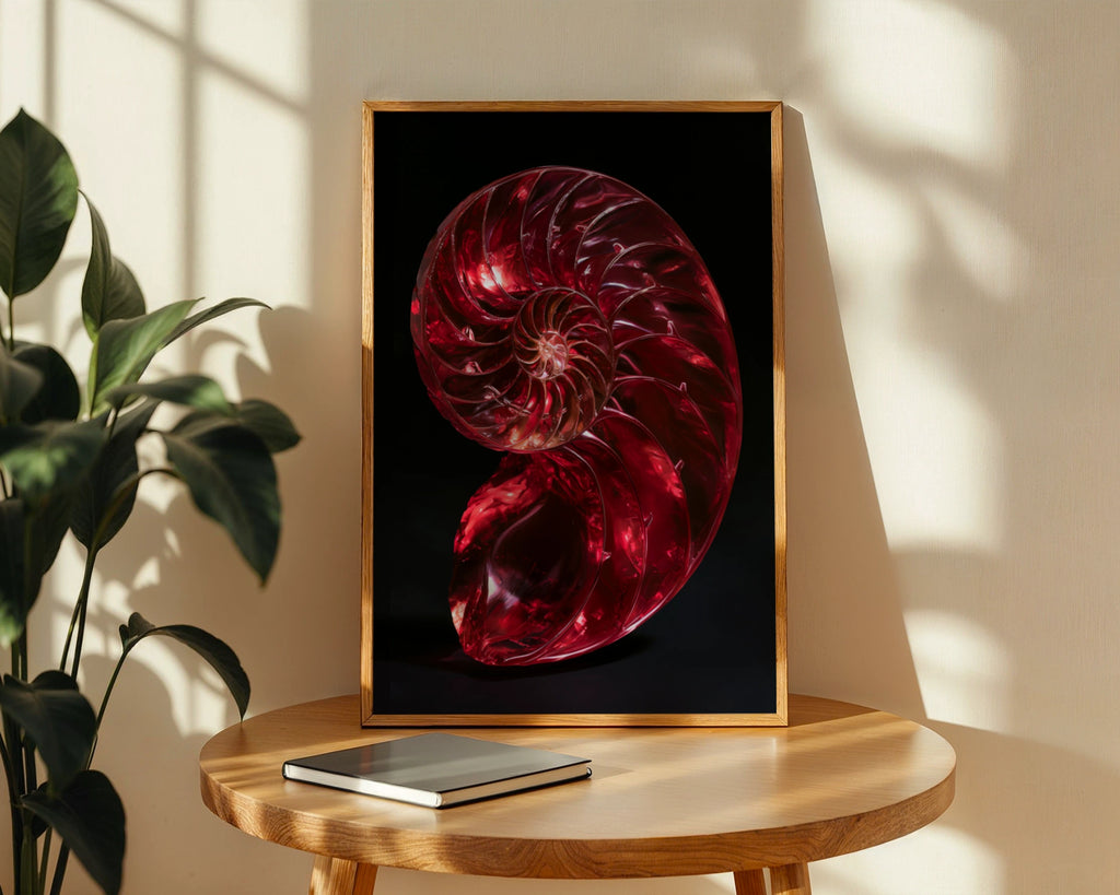 Red Nautilus Shell Poster, Spiral Fibonacci Art Print, Bold Nature Wall Art