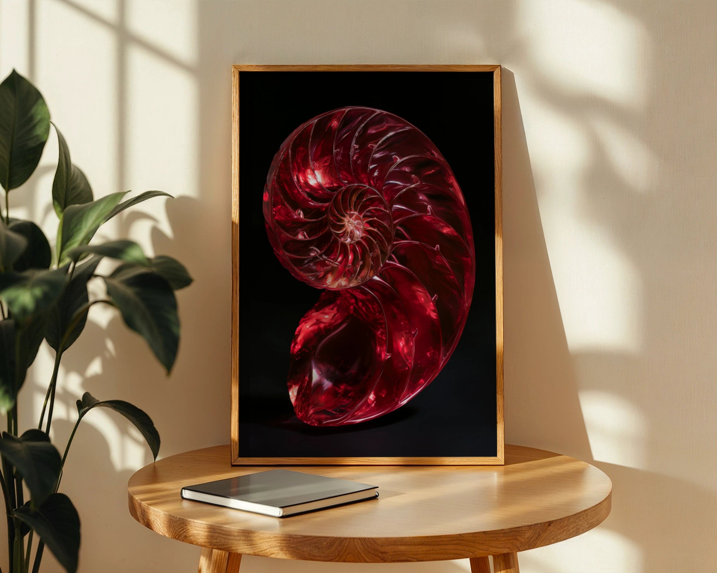 Red Nautilus Shell Poster, Spiral Fibonacci Art Print, Bold Nature Wall Art
