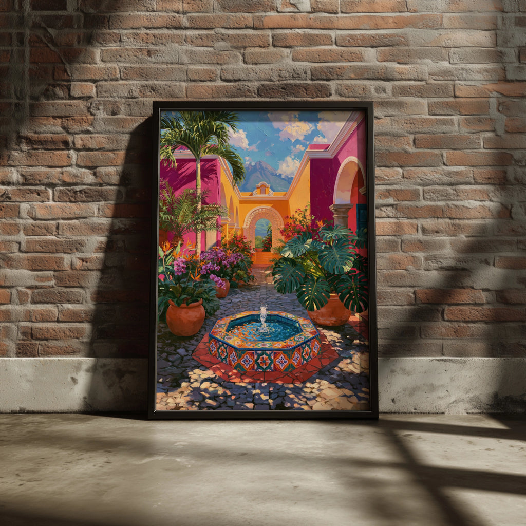 Guatemala Courtyard Poster, Colourful Tiled Fountain, Latin America Wall Art