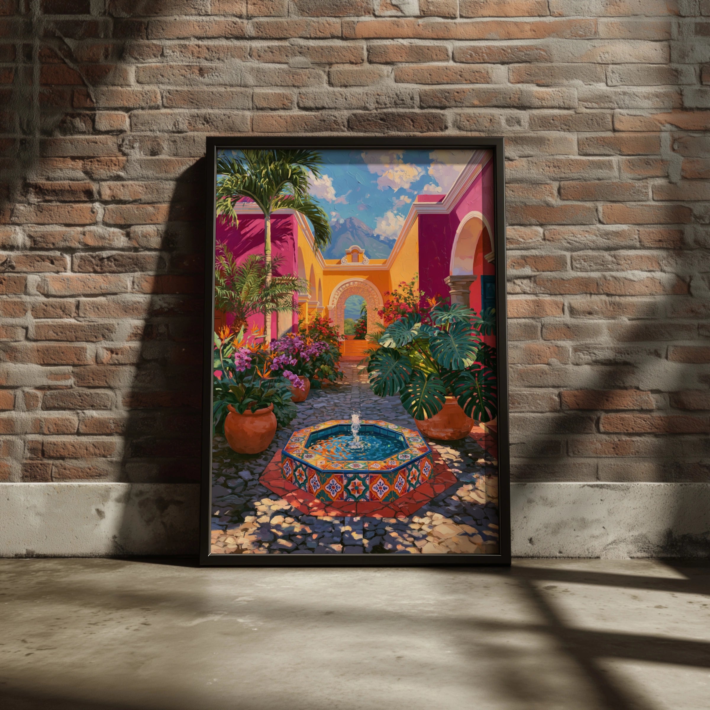 Guatemala Courtyard Poster, Colourful Tiled Fountain, Latin America Wall Art