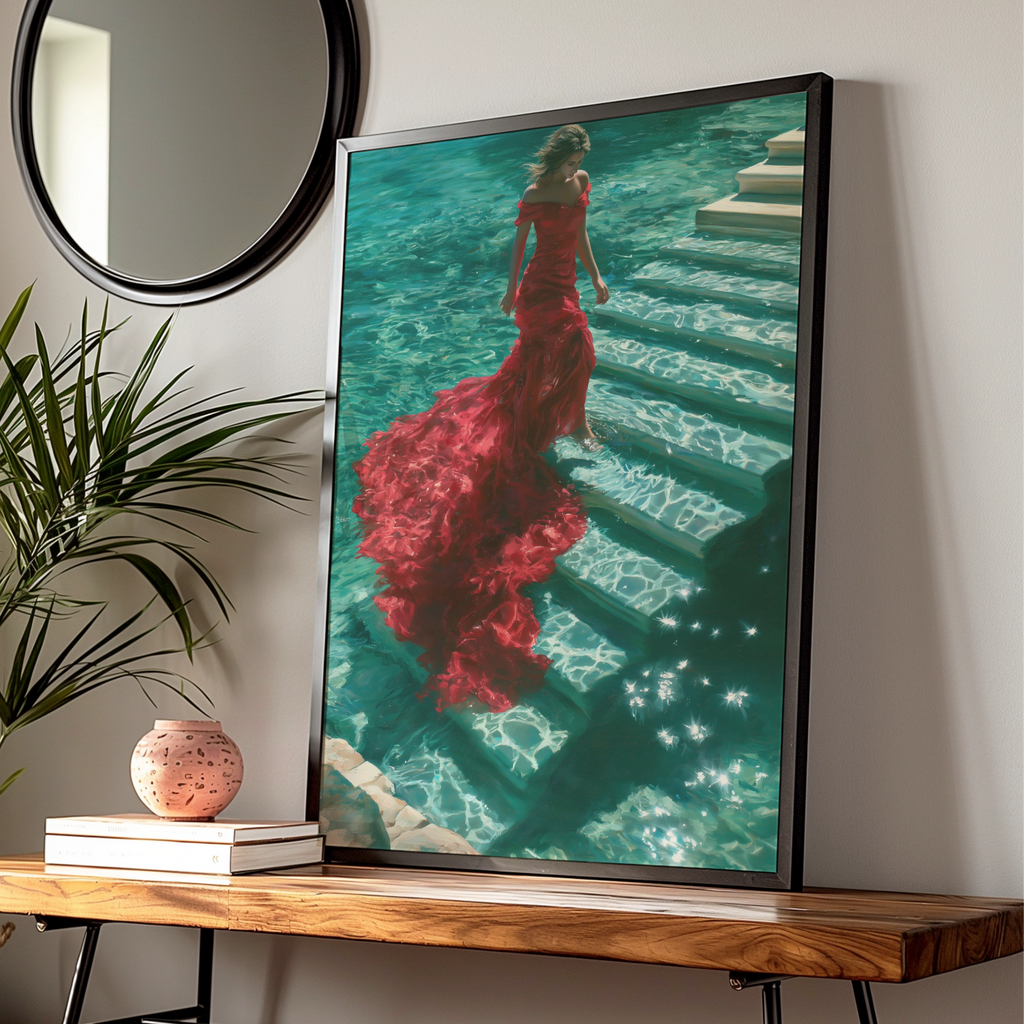 Woman Red Dress Water Steps Poster, Figurative Wall Art, Teal Oil Painting Print