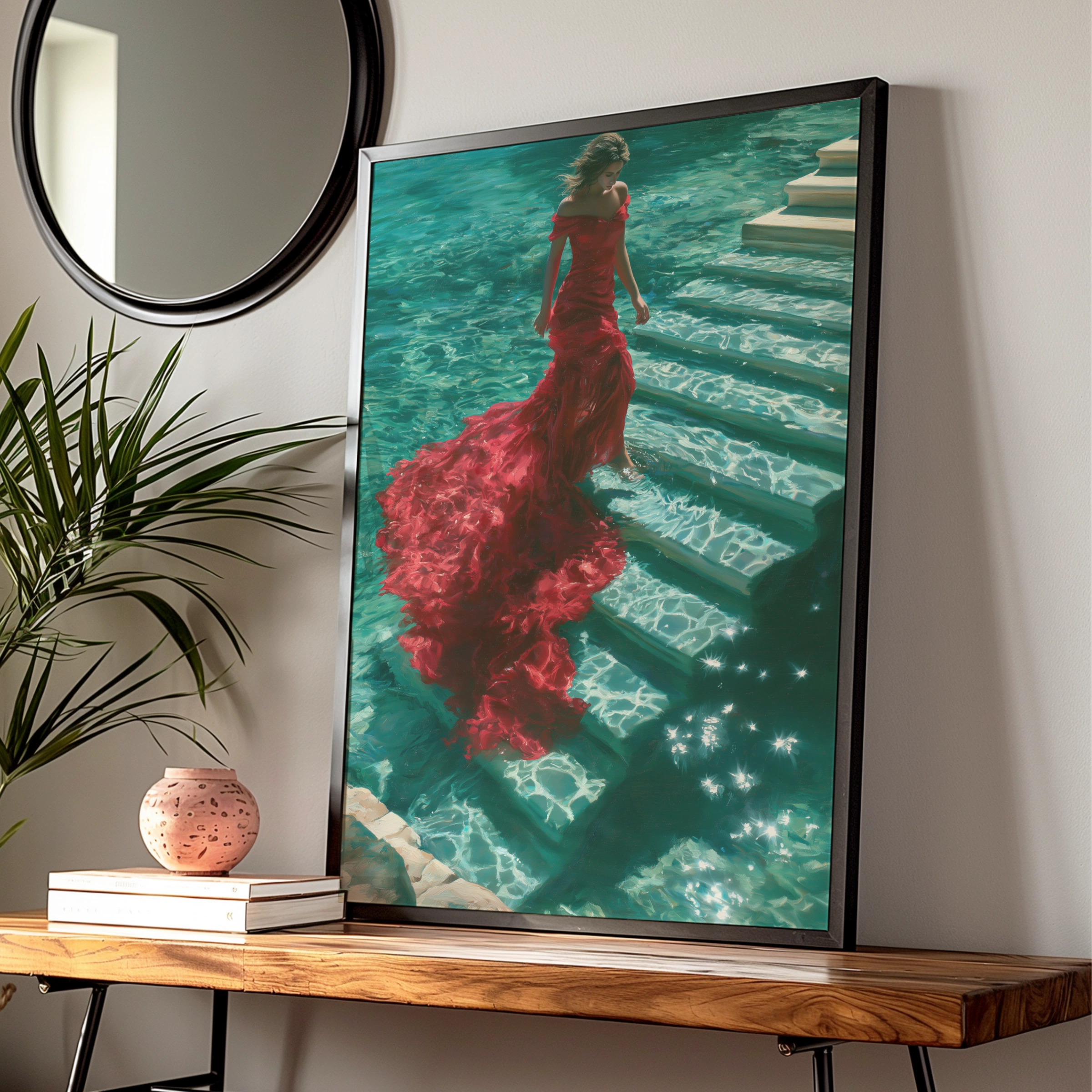 Woman Red Dress Water Steps Poster, Figurative Wall Art, Teal Oil Painting Print