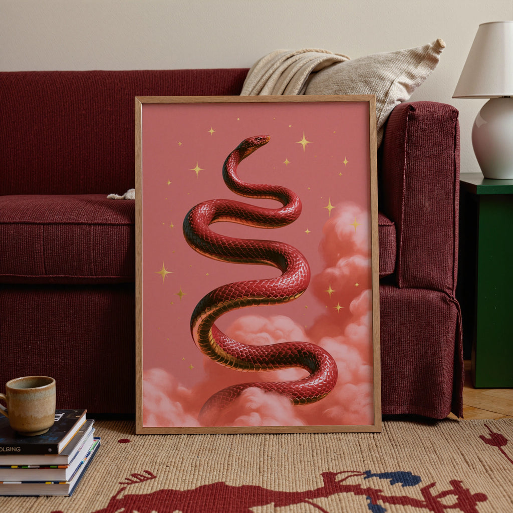 Red Snake Pink Clouds Poster, Celestial Serpent Wall Art, Mystical Print