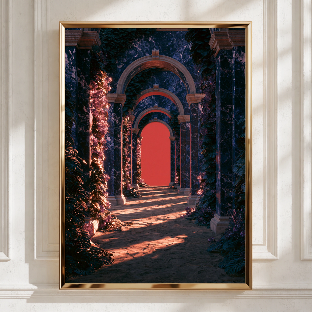 Blue Marble Arches Red Glow Poster, Classical Architecture Art Print