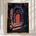 Blue Marble Arches Red Glow Poster, Classical Architecture Art Print