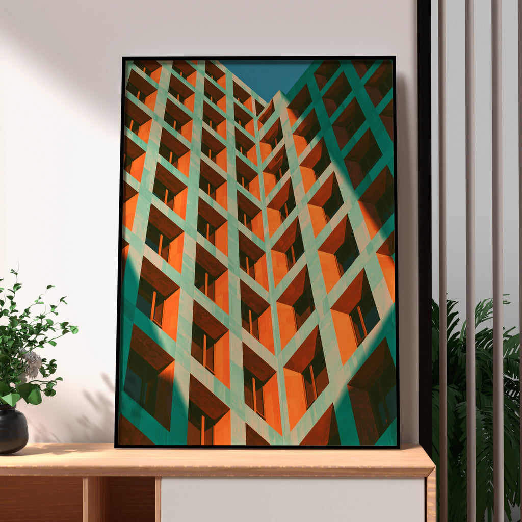 Architecture Building Facade Poster, Green Orange Geometric Brutalist Print