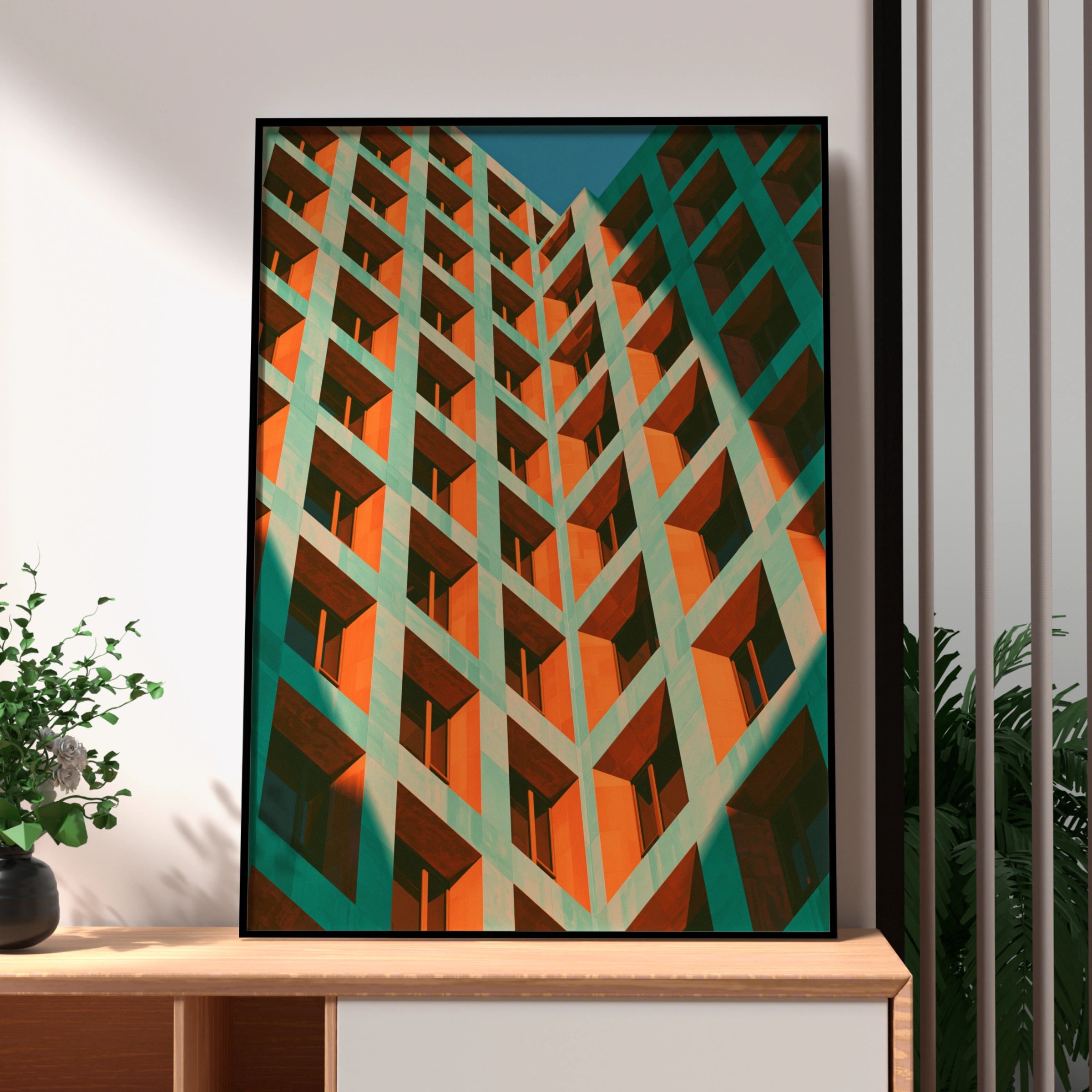 Architecture Building Facade Poster, Green Orange Geometric Brutalist Print