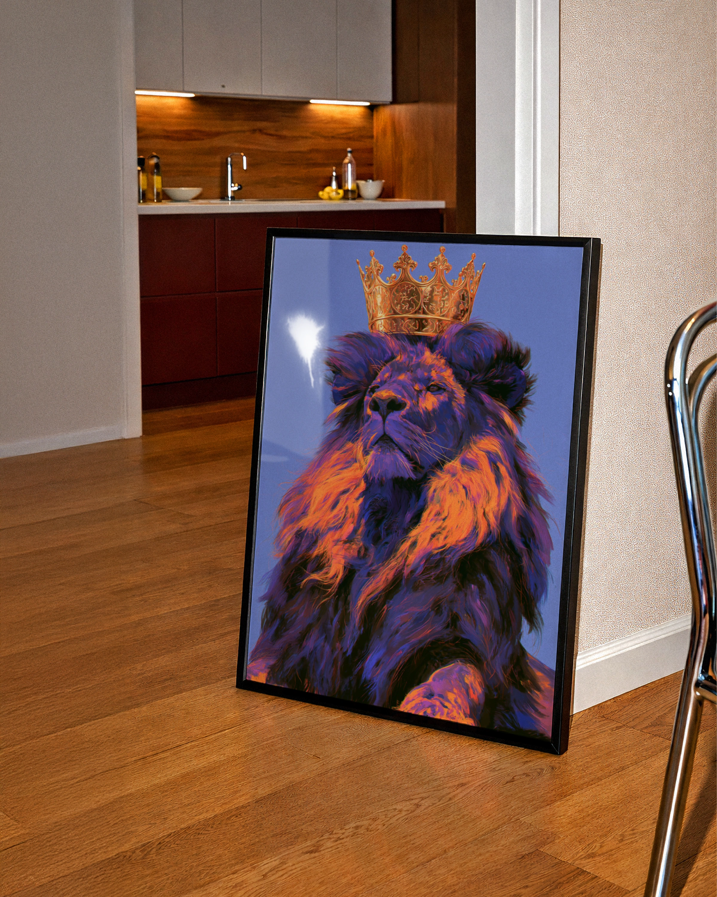 Lion Crown Purple Wall Art Poster, King of the Jungle, Bold Colourful Print