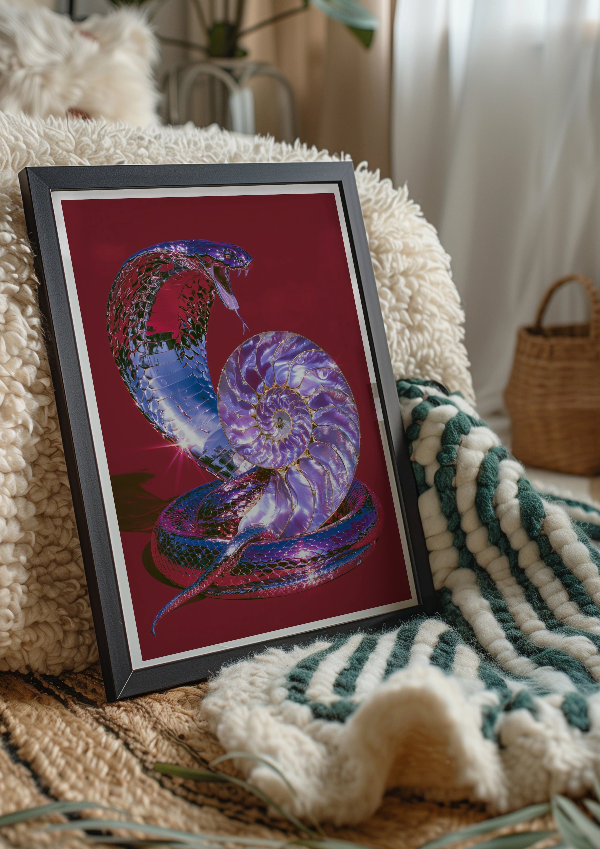 Chrome Cobra Nautilus Shell Poster, Red Purple Snake Wall Art Print