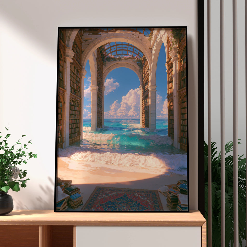 Library Ocean Fantasy Poster, Surreal Bookshelf Sea Arch Print, Dreamy Wall Art