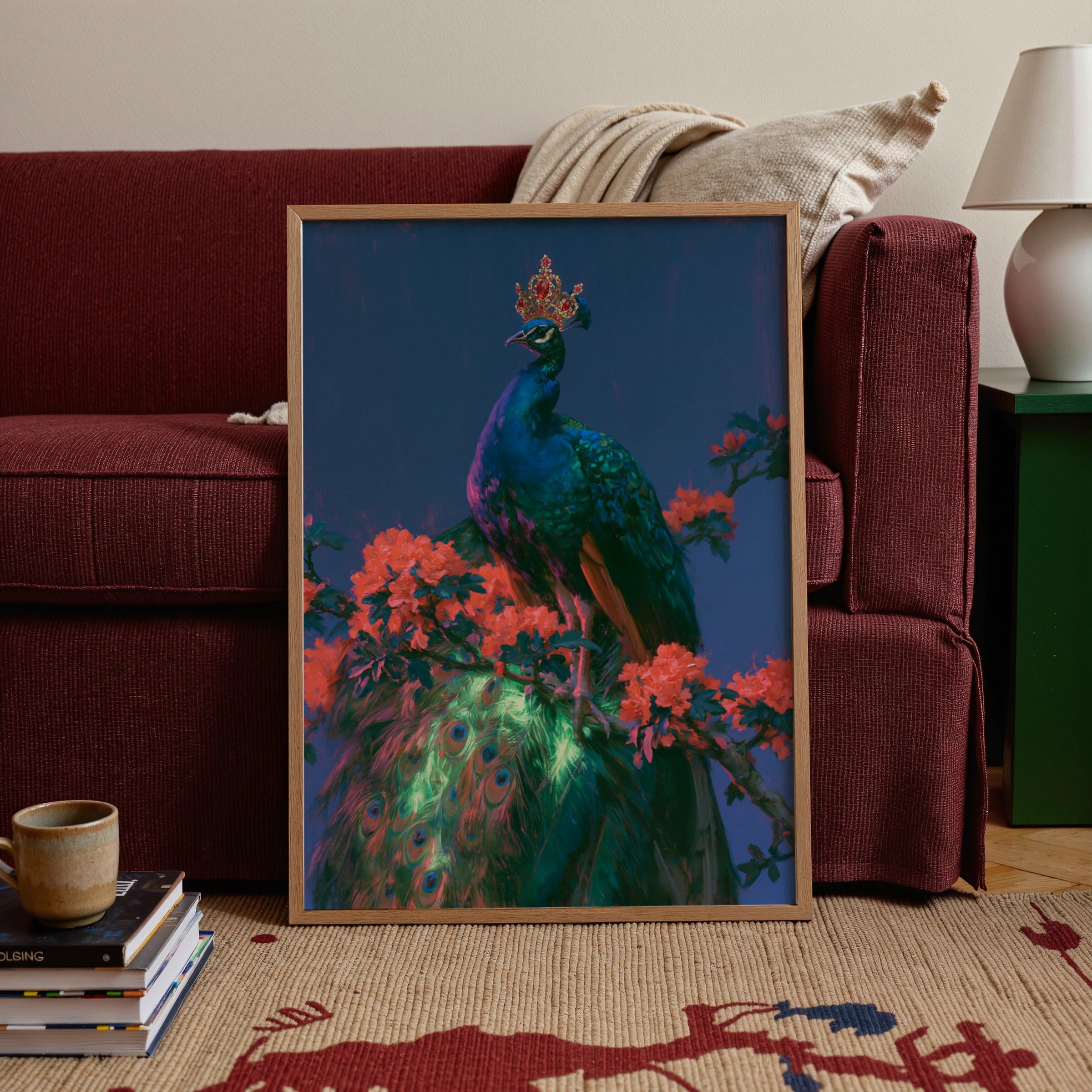 Crowned Peacock Wall Art Poster, Royal Bird Print, Dark Floral Botanical