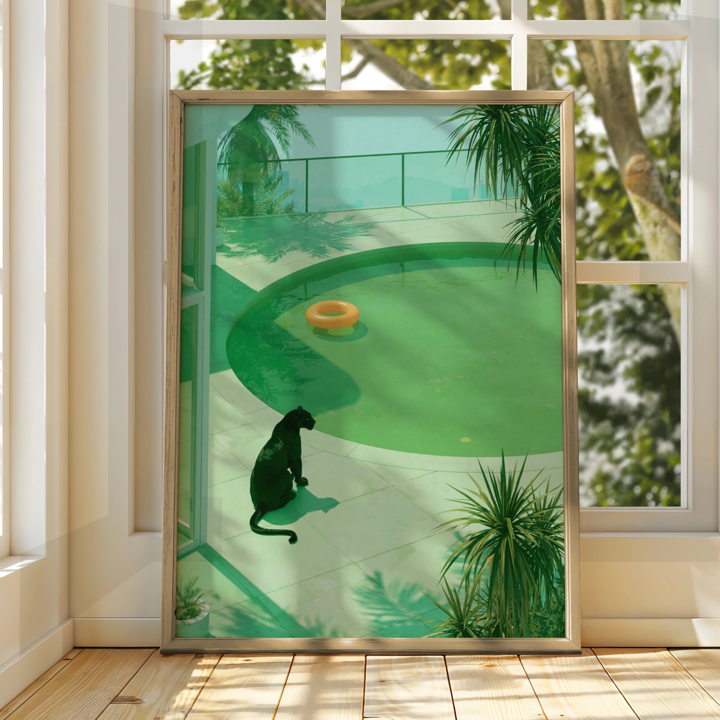 Black Panther by Pool Print, Green Tropical Art Poster, Modern Wildlife