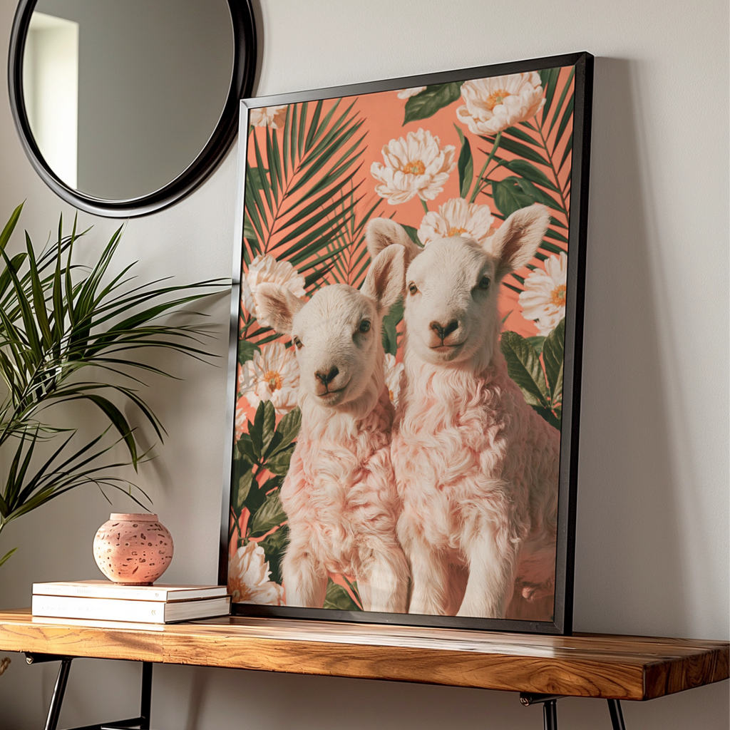 Lambs Floral Palm Poster, Cute Sheep Wall Art, Botanical Coral Print