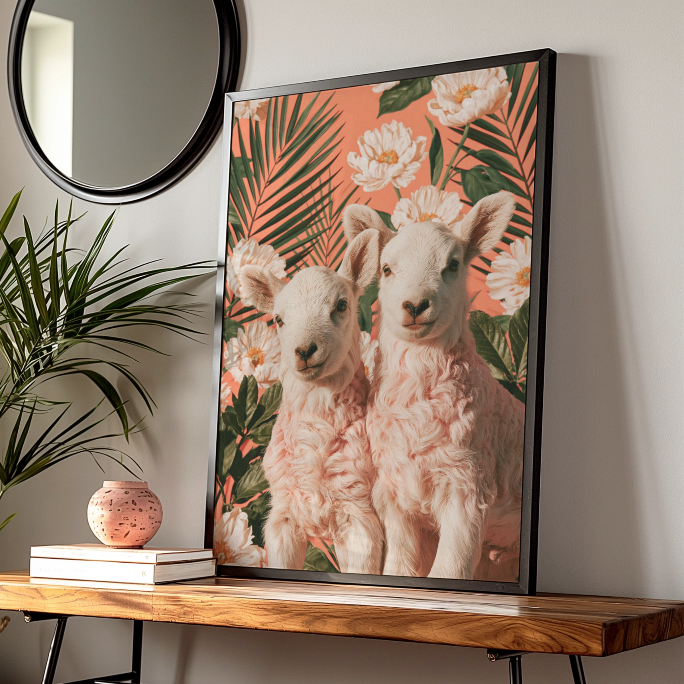 Lambs Floral Palm Poster, Cute Sheep Wall Art, Botanical Coral Print