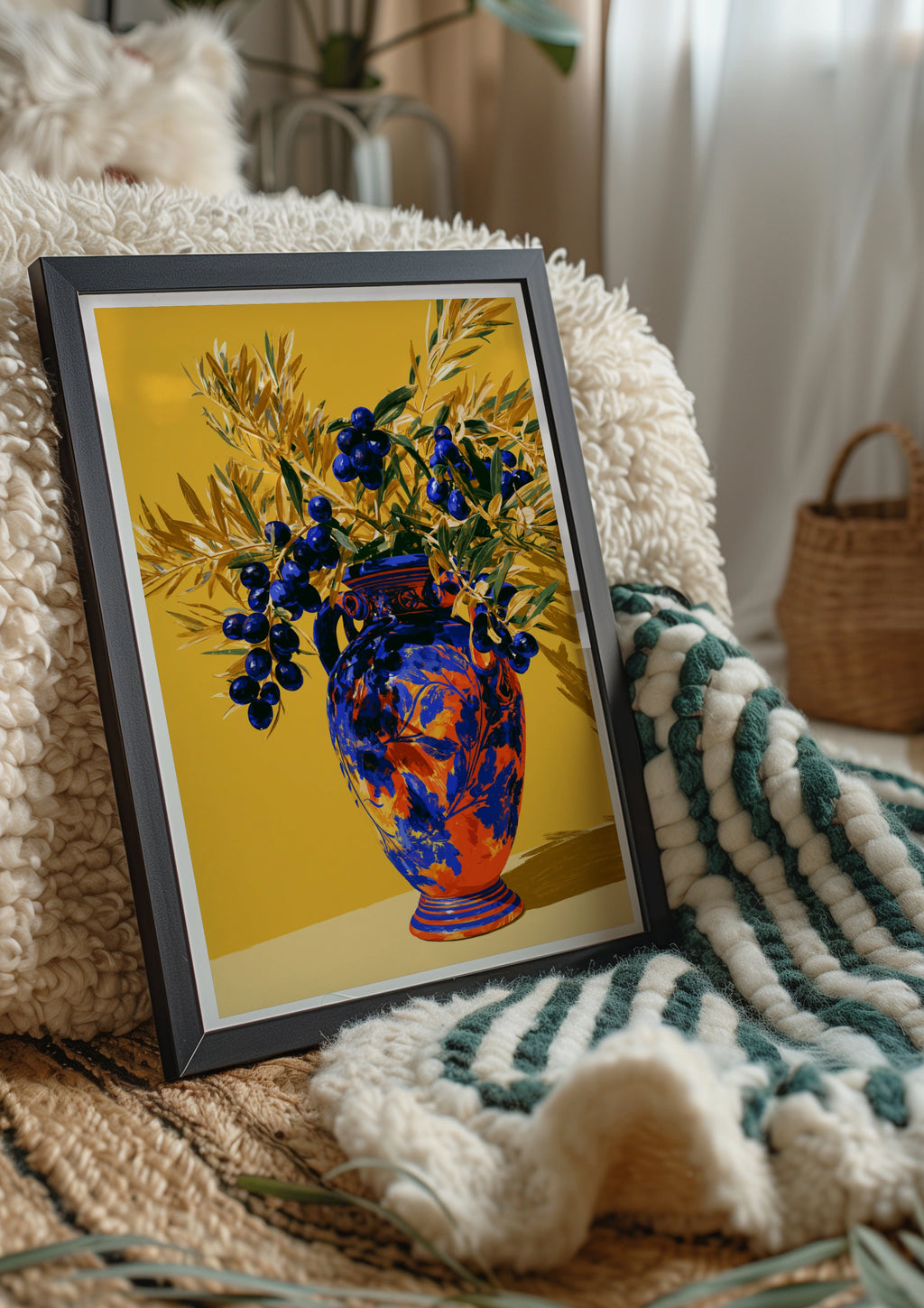 Olive Branch Vase Poster, Bold Botanical Wall Art, Mediterranean Style Print