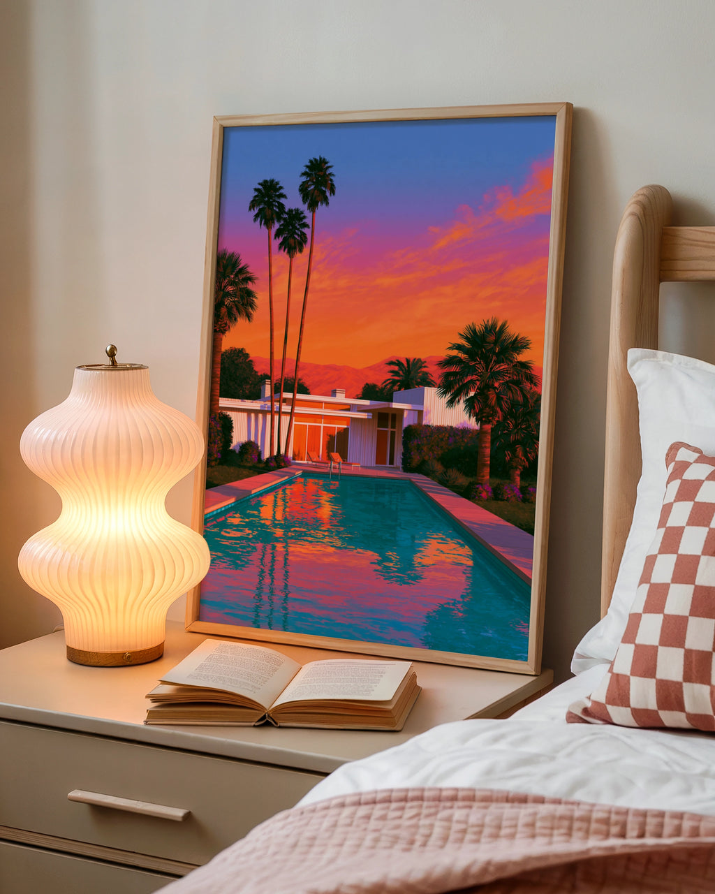 Desert Palm Springs Villa Pool Sunset Poster, Mid-Century Modern Art Print