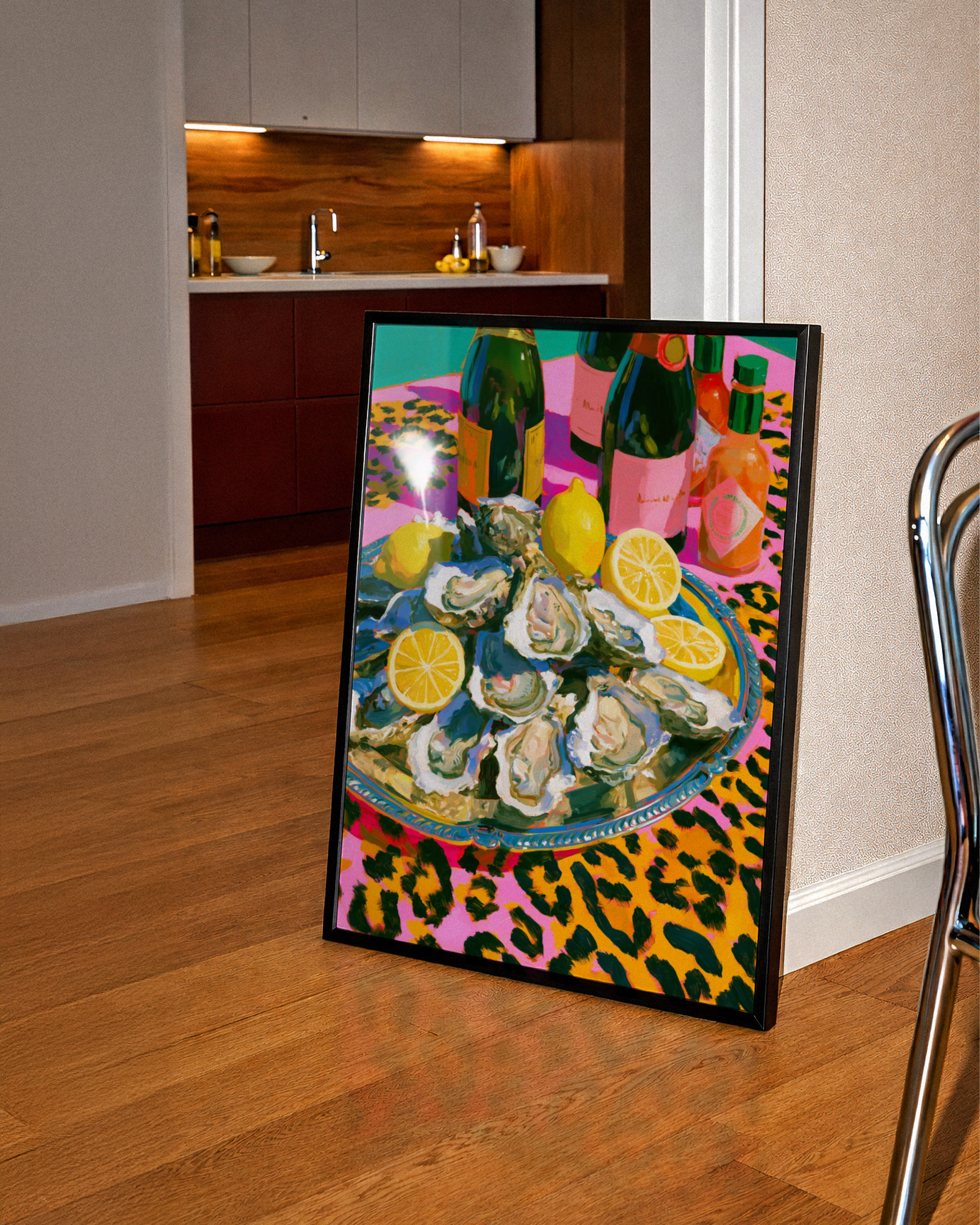 Oysters & Champagne Poster, Leopard Print Still Life, Bold Maximalist Wall Art
