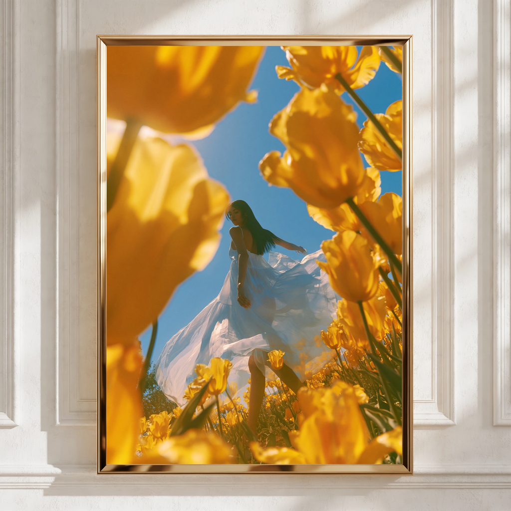 Woman in Yellow Tulip Field Poster, White Dress Floral Wall Art, Spring
