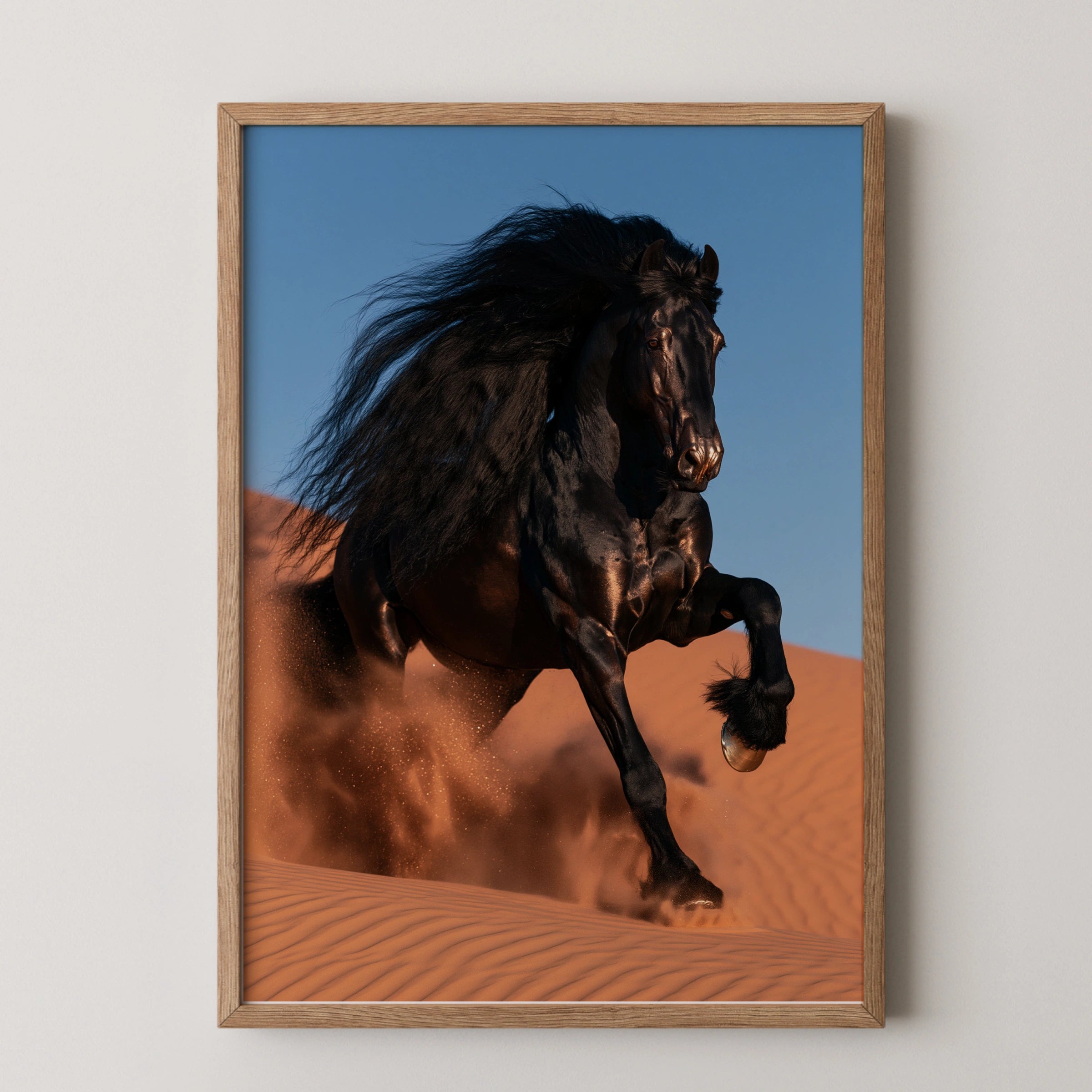 Black Friesian Horse Desert Sand Dunes Poster, Dramatic Equine Wall Art