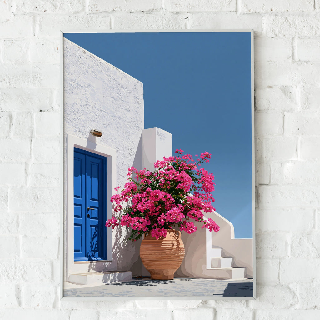 Greek Courtyard Bougainvillea Poster, Blue Door White Wall, Mediterranean Art Print