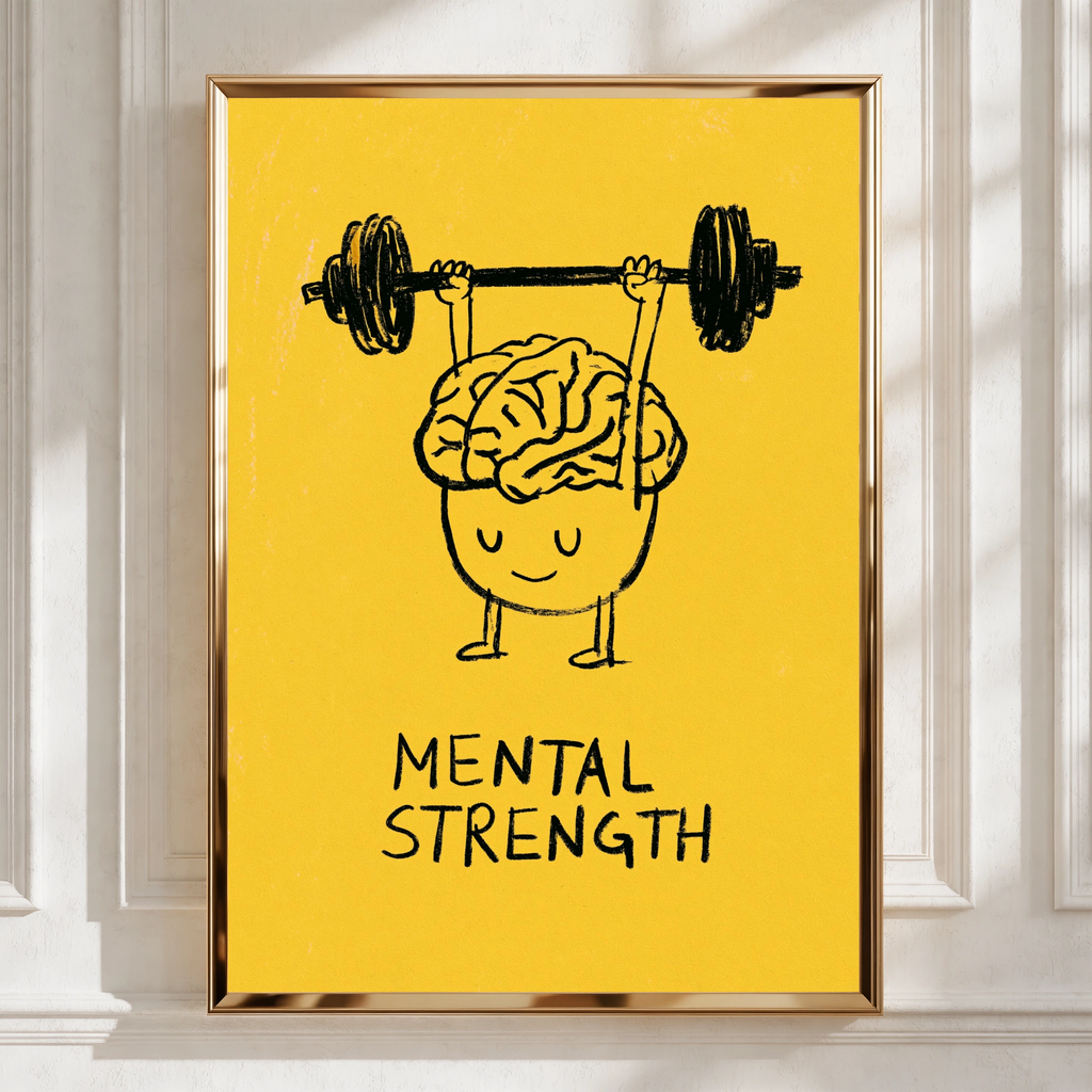 Mental Strength Brain Weightlifting Poster, Motivational Wall Art, Yellow Bold Print