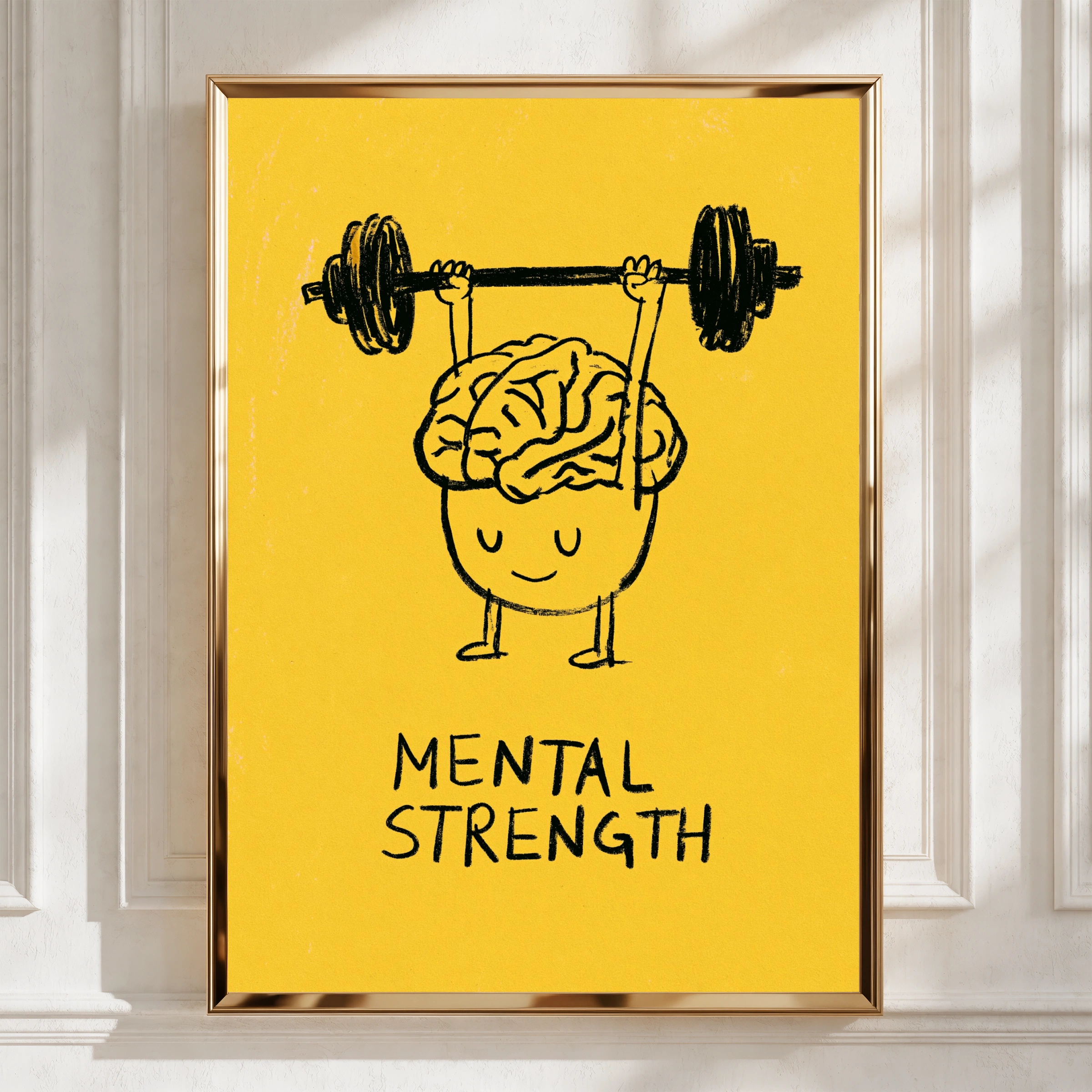 Mental Strength Brain Weightlifting Poster, Motivational Wall Art, Yellow Bold Print