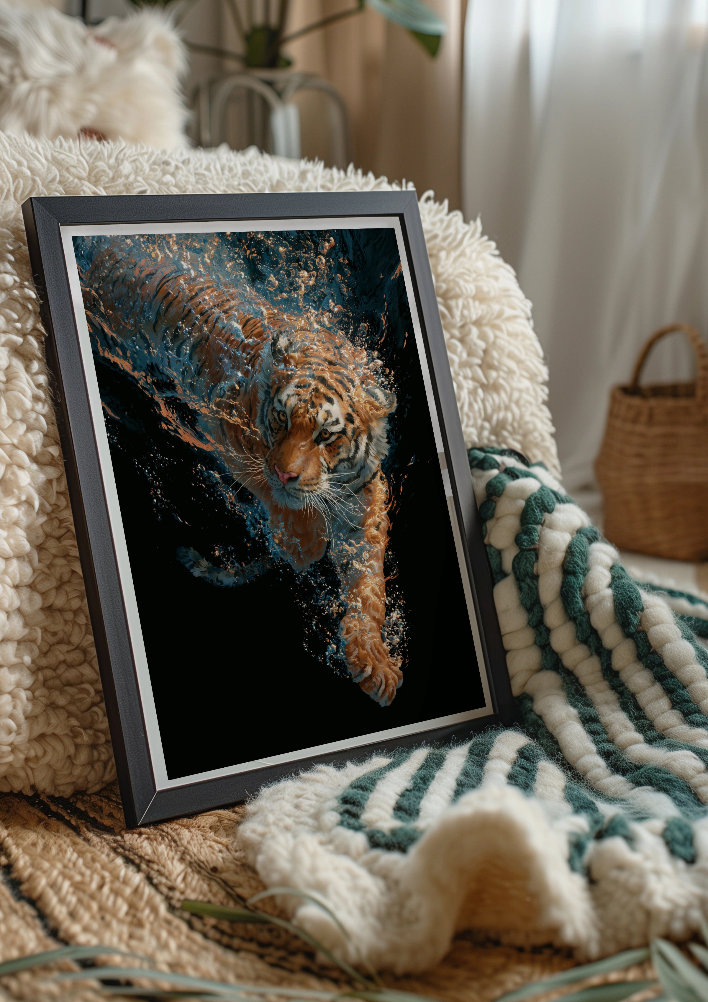 Diving Tiger Underwater Wall Art Poster, Bold Wildlife Print, Dark Dramatic Style