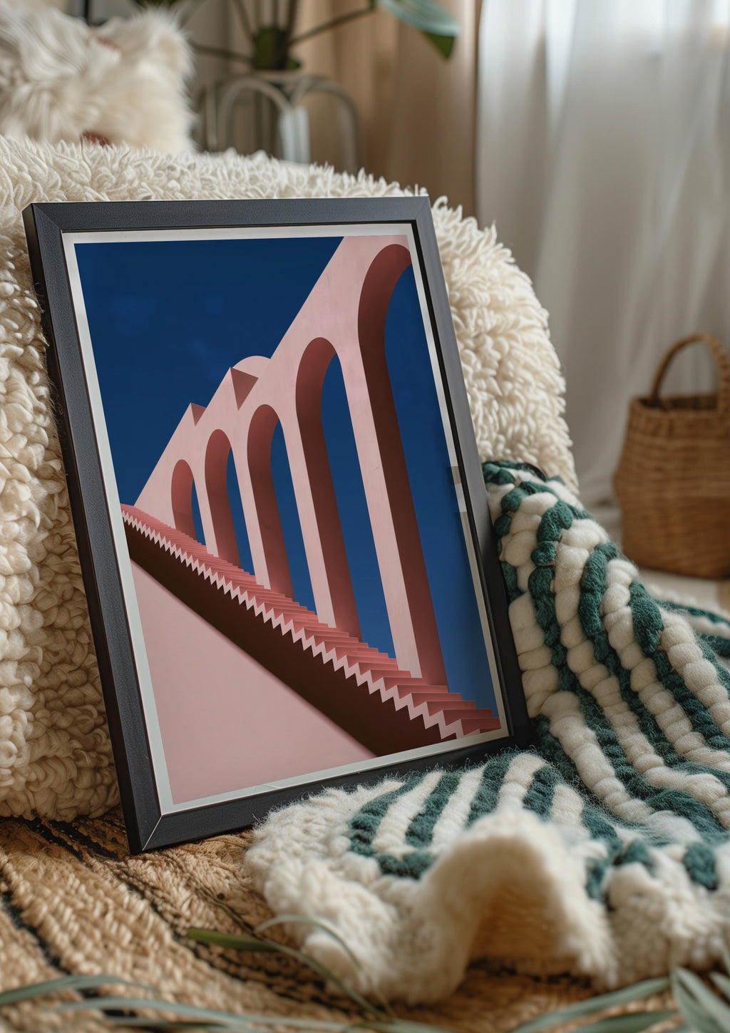 Pink Viaduct Stairs Architecture Poster, Minimalist Arches Wall Art Print