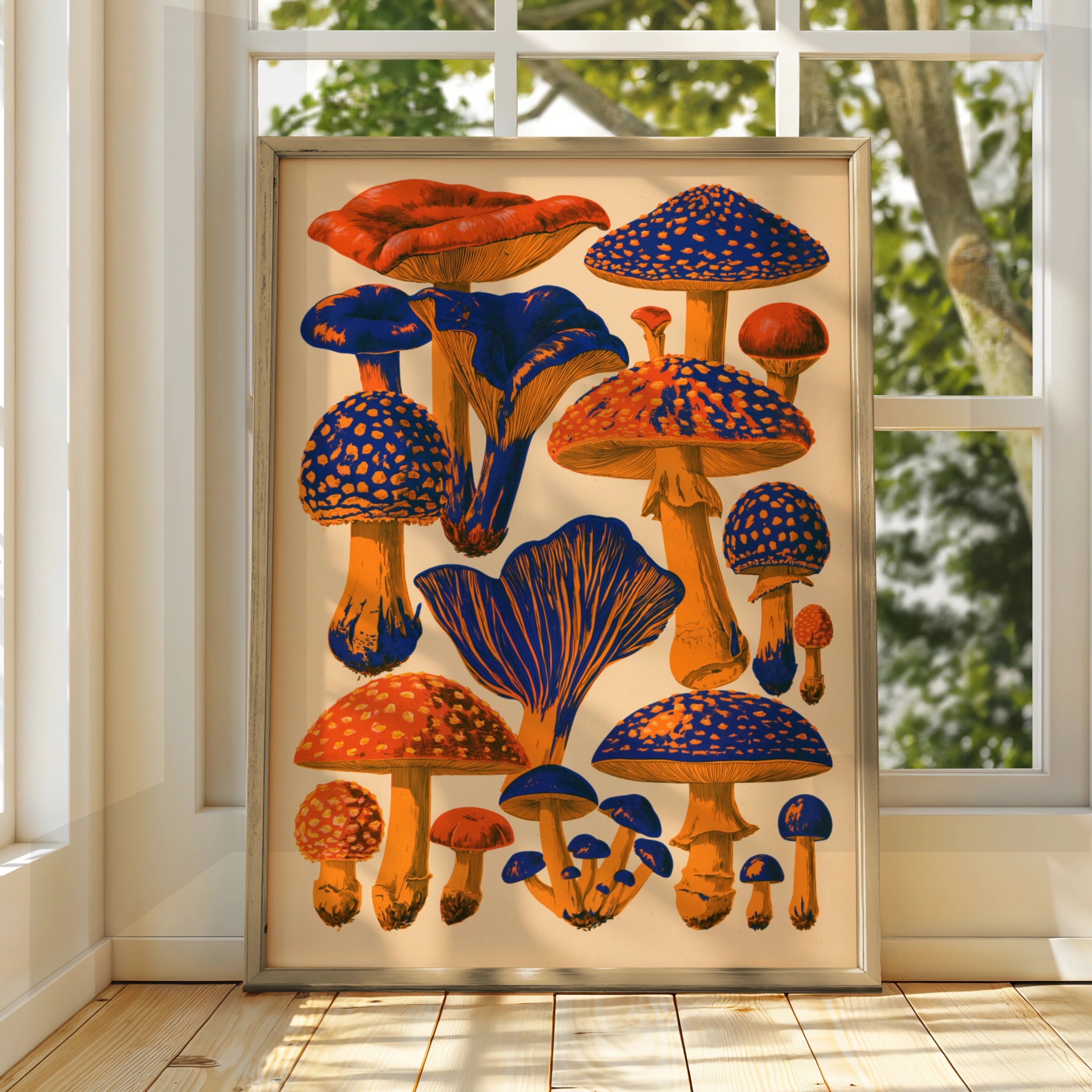 Mushroom Poster, Orange Blue Botanical Wall Art, Retro Fungi Print