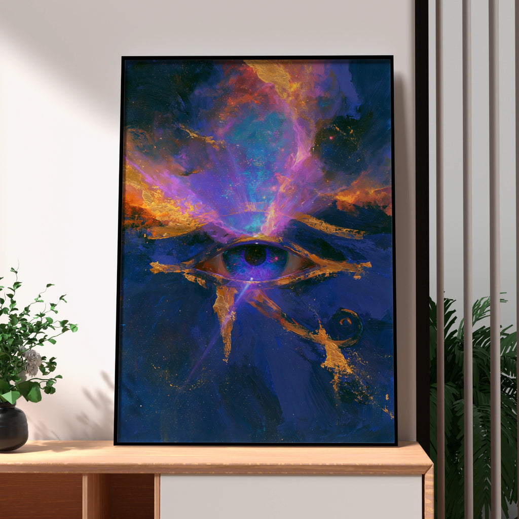 Eye of Horus Cosmic Poster, Egyptian Galaxy Wall Art, Mystic Gold Blue Print