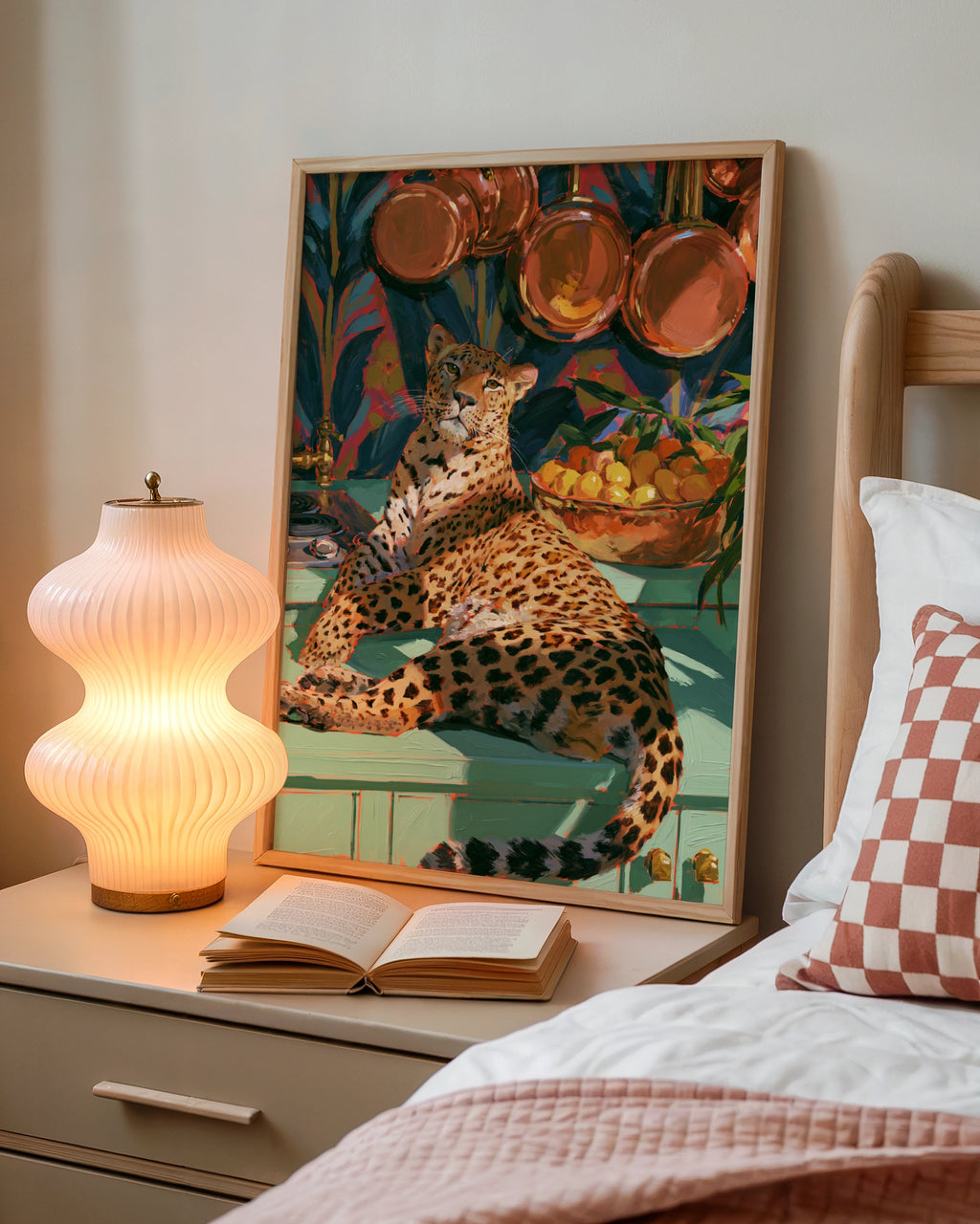 Jaguar in Kitchen Poster, Leopard Wall Art, Copper Pans, Maximalist Print