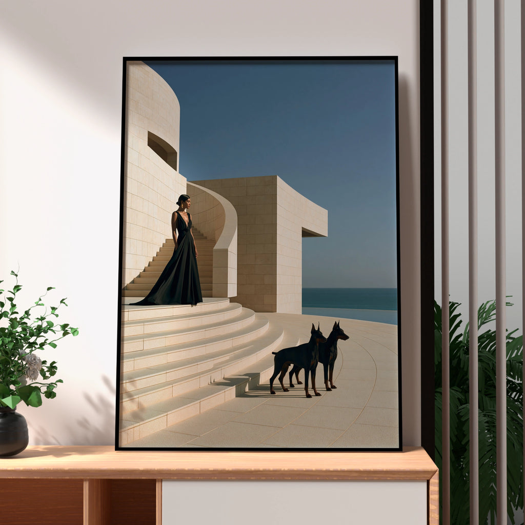 Woman with Dobermanns on Travertine Stairs, Wall Art Poster, Luxury Minimalist