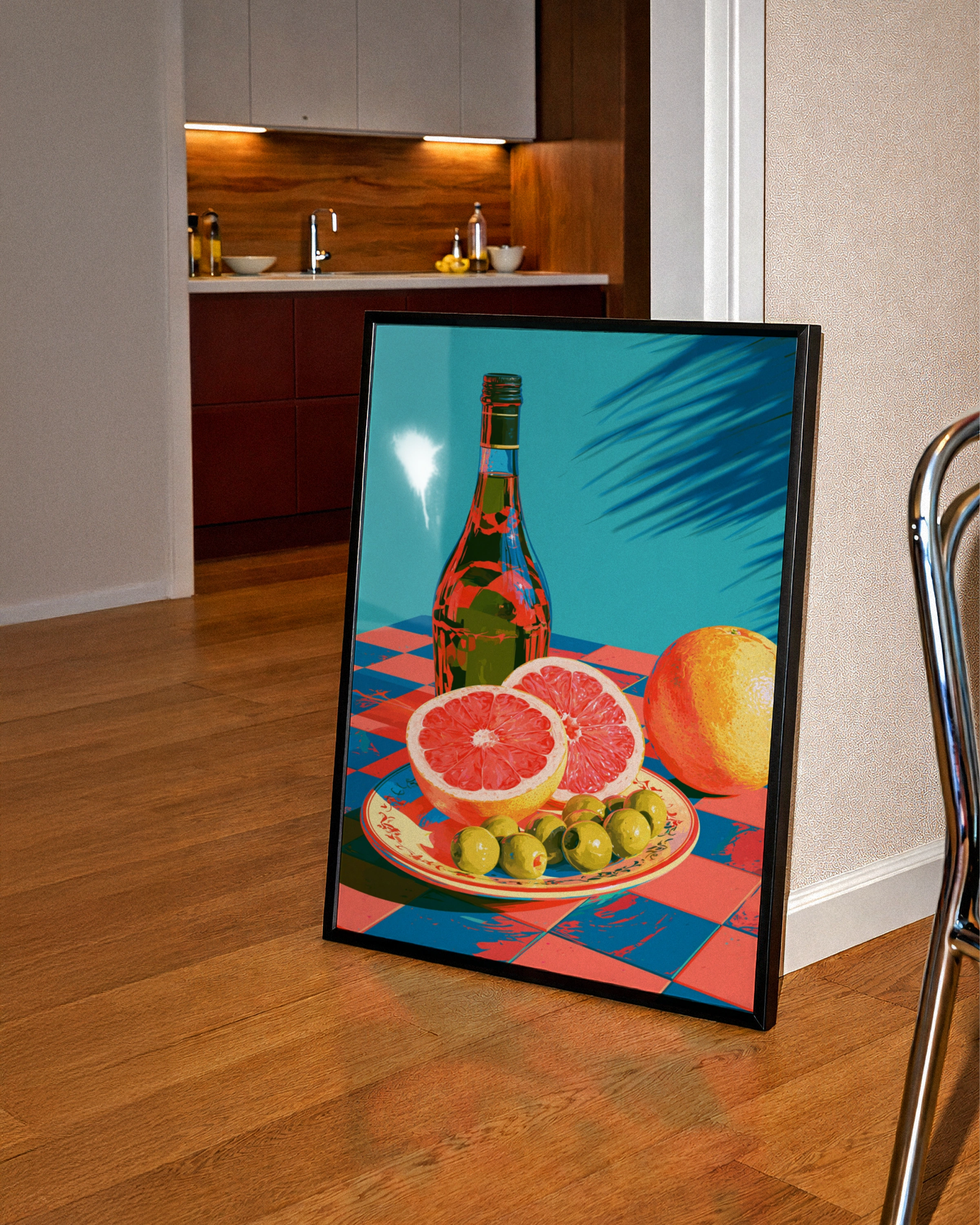 Orange Olive Oil Lemon Still Life Poster, Bold Retro Kitchen Wall Art Print