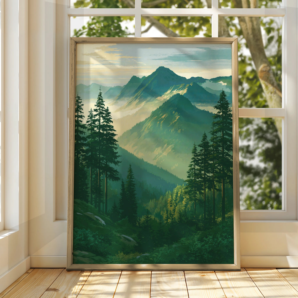 Forest Mountain Landscape Poster, Pine Trees Nature Print, Vintage Style Wall Art