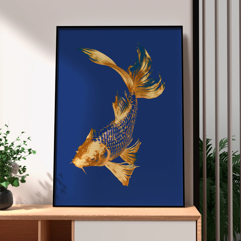 Gold Koi Fish Poster, Navy Blue Wall Art, Japanese Carp Print, Bold Colour