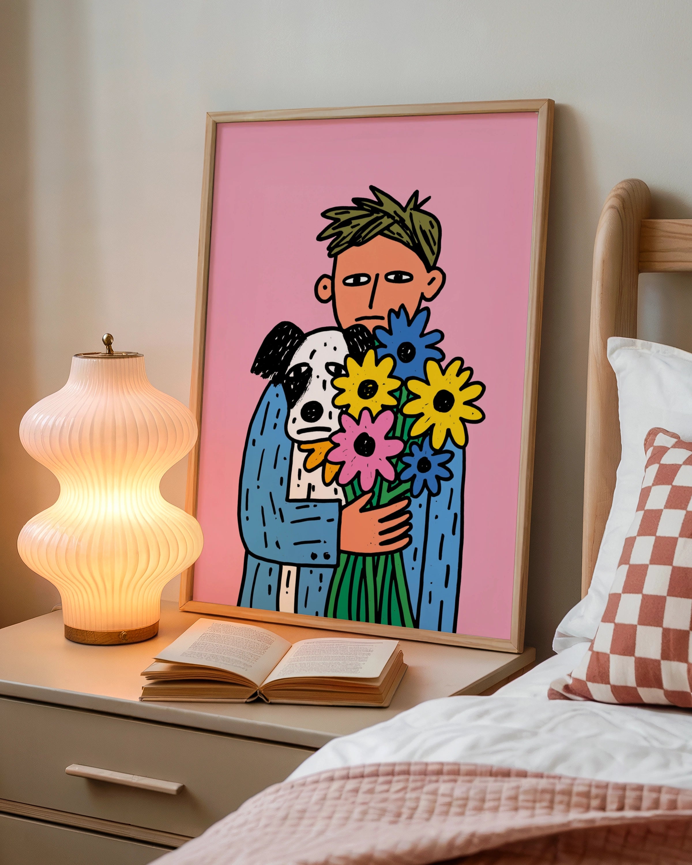Man Dog Flowers Poster, Bold Illustration, Colourful Pink Wall Art Print