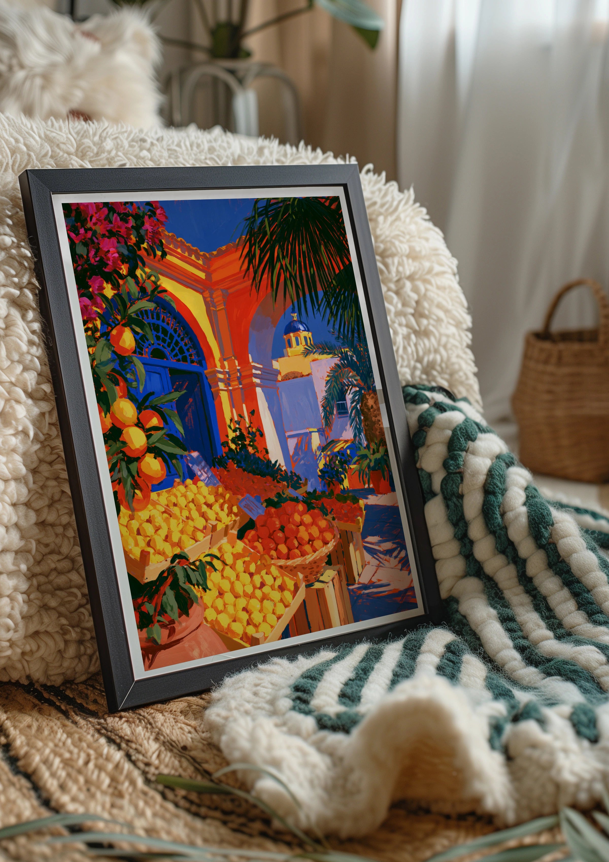 Mediterranean Market Lemons Oranges Poster, Colourful Fruit Stall Wall Art