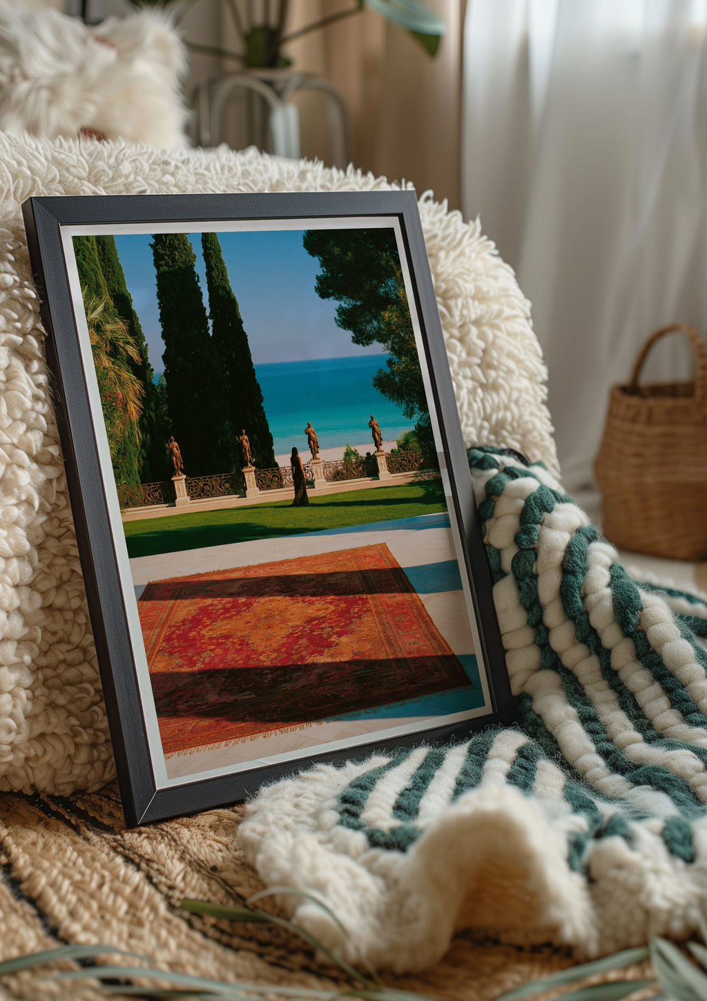 Italian Villa Statues Woman Ocean View Poster, Mediterranean Wall Art Print