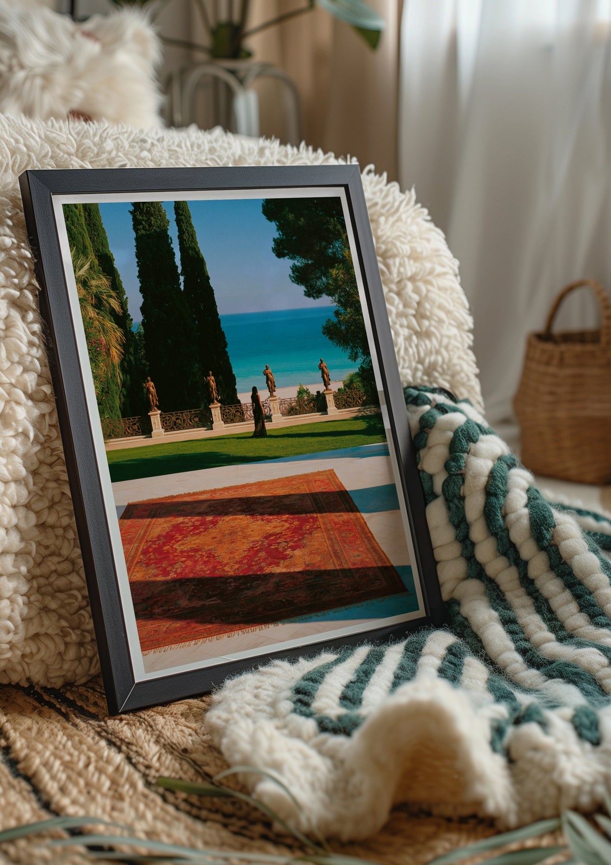 Italian Villa Statues Woman Ocean View Poster, Mediterranean Wall Art Print