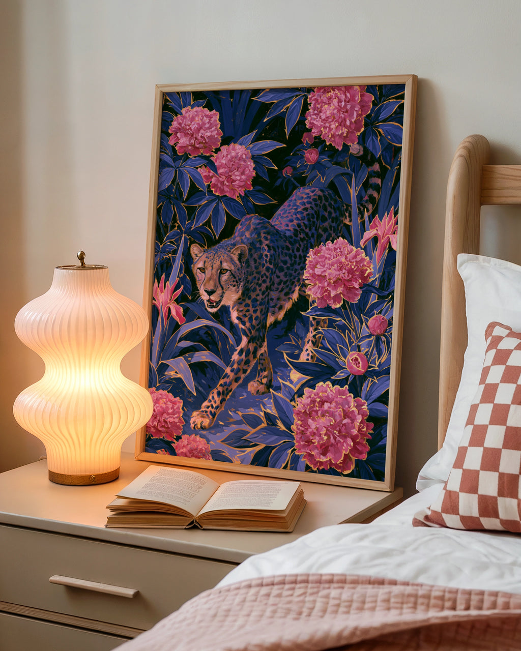 Cheetah Pink Flowers Poster, Botanical Jungle Wall Art, Dark Floral Print