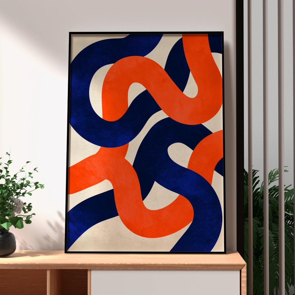 Abstract Swirl Pattern Poster, Red Blue White Bold Curves, Modern Wall Art