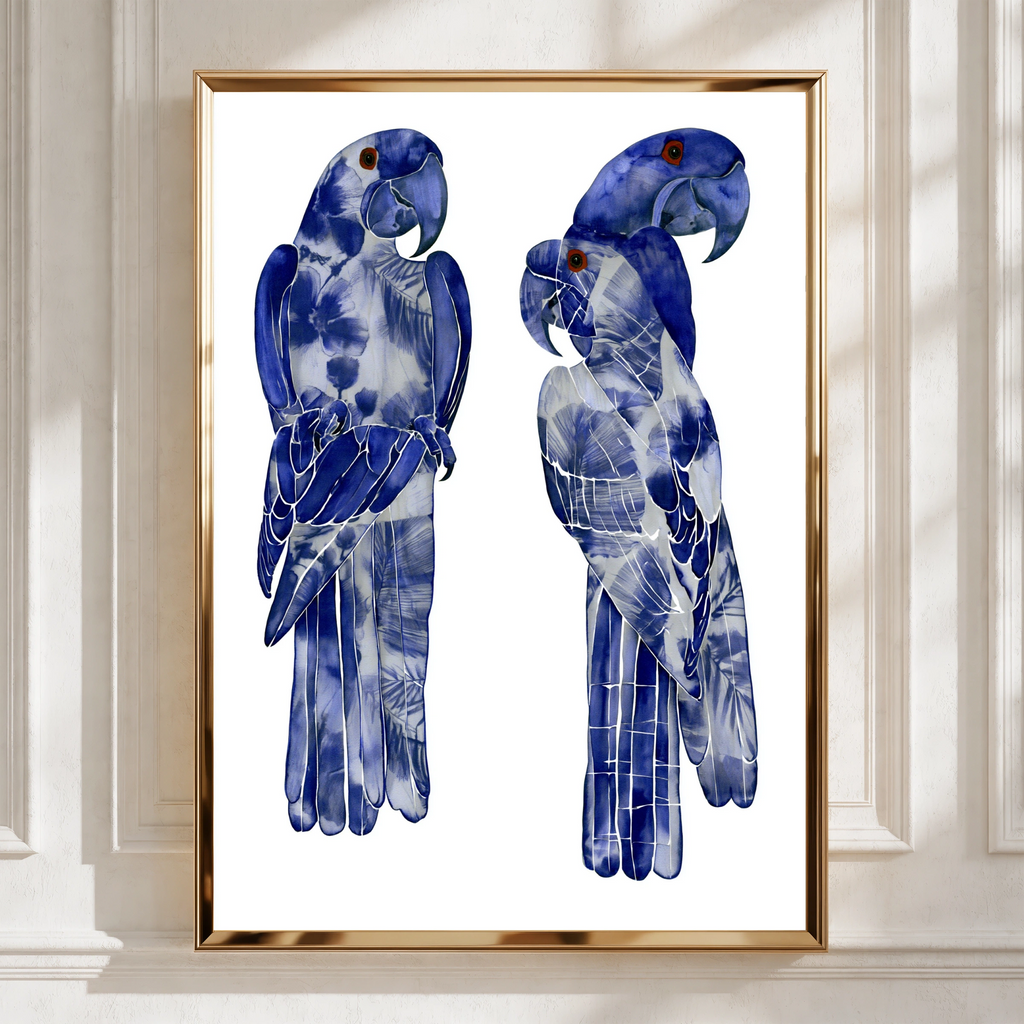 Blue Macaw Parrot Pair Poster, Indigo Tropical Bird Wall Art Print